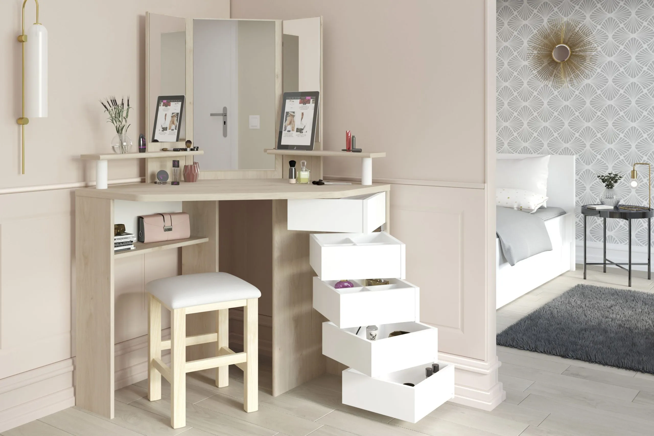 Coiffeuse Sweet avec miroir - chêne/blanc