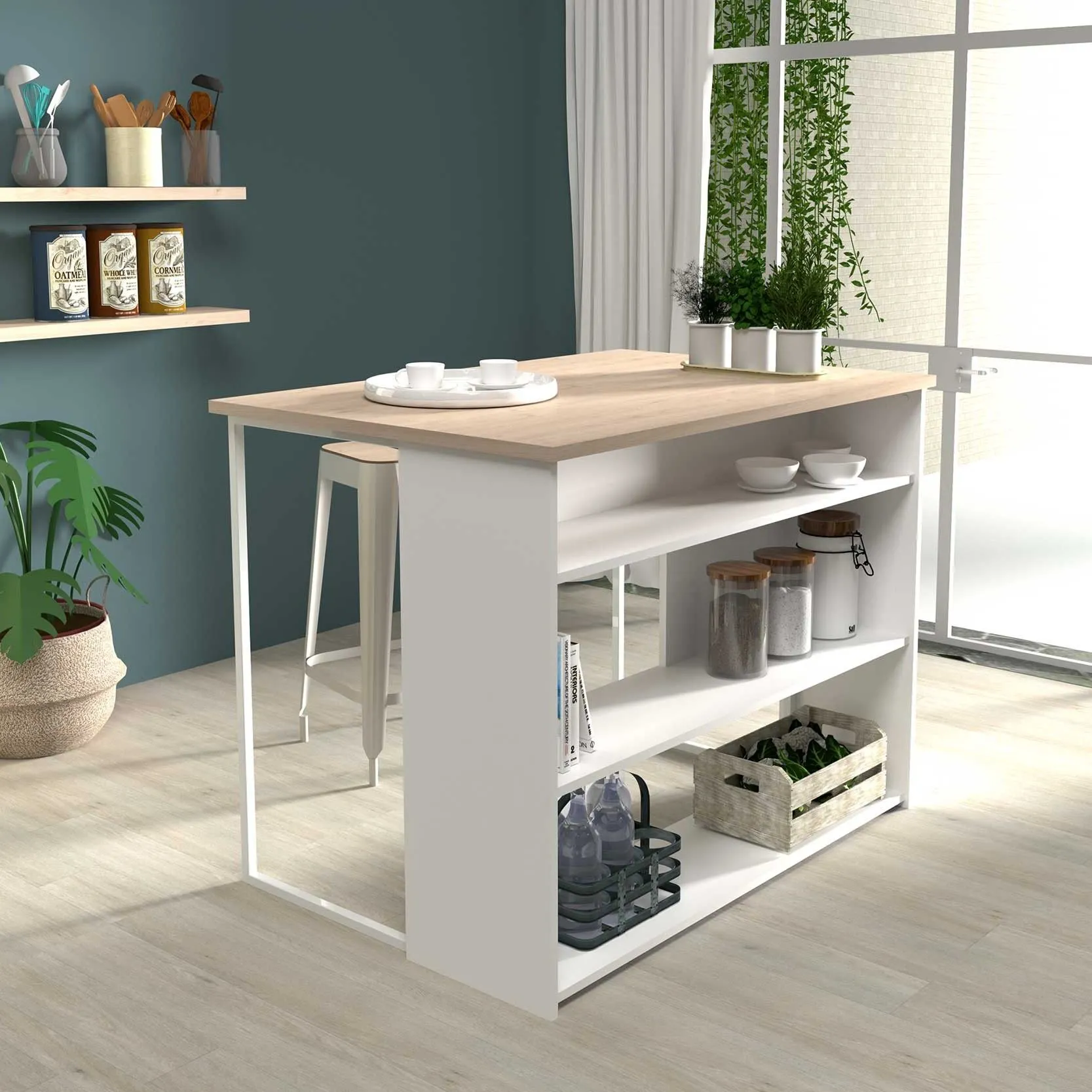 Table bar & ilôt de cuisine Slam 116cm - blanc/chêne