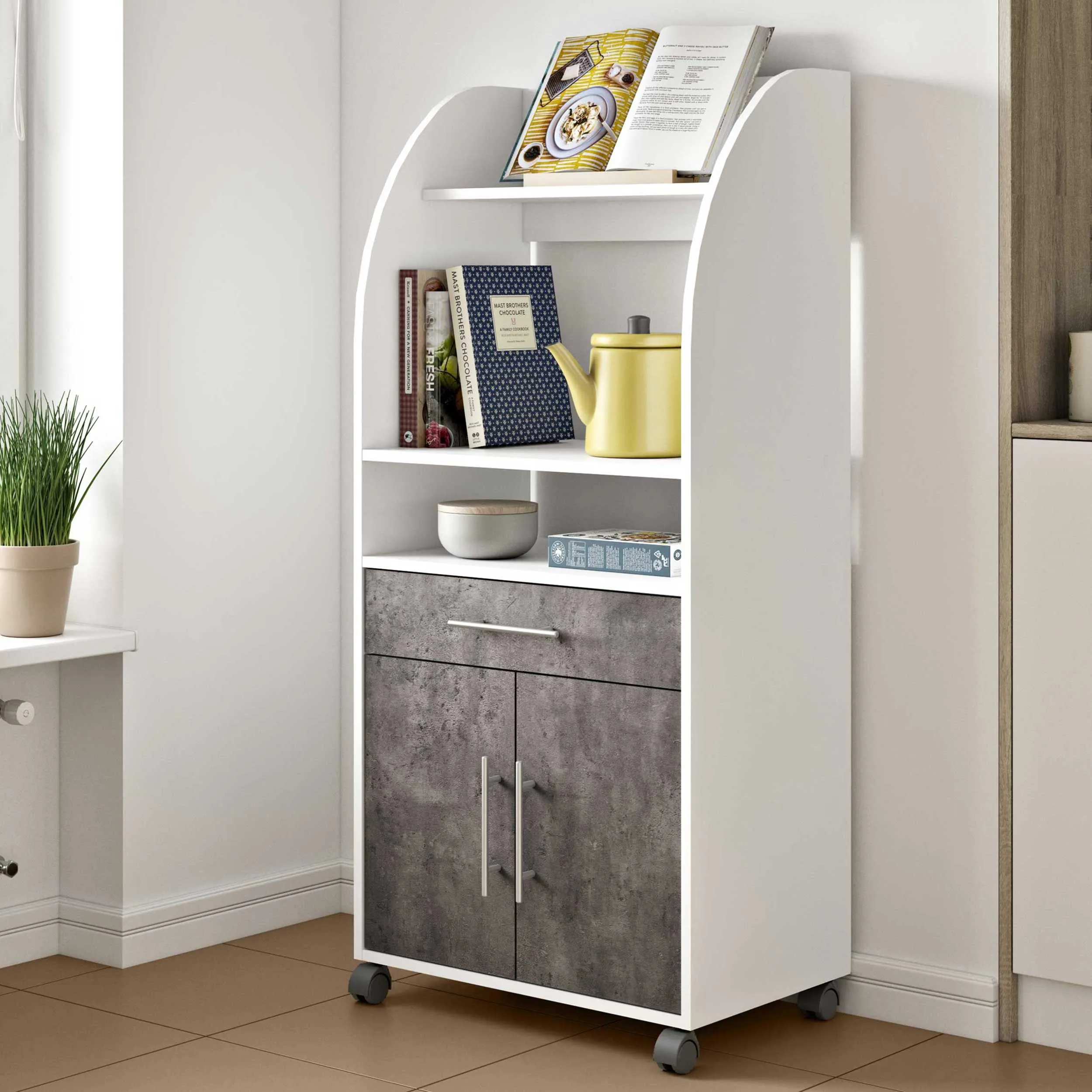 Armoire d'appoint Jeanine pour four à micro-ondes - blanc/béton