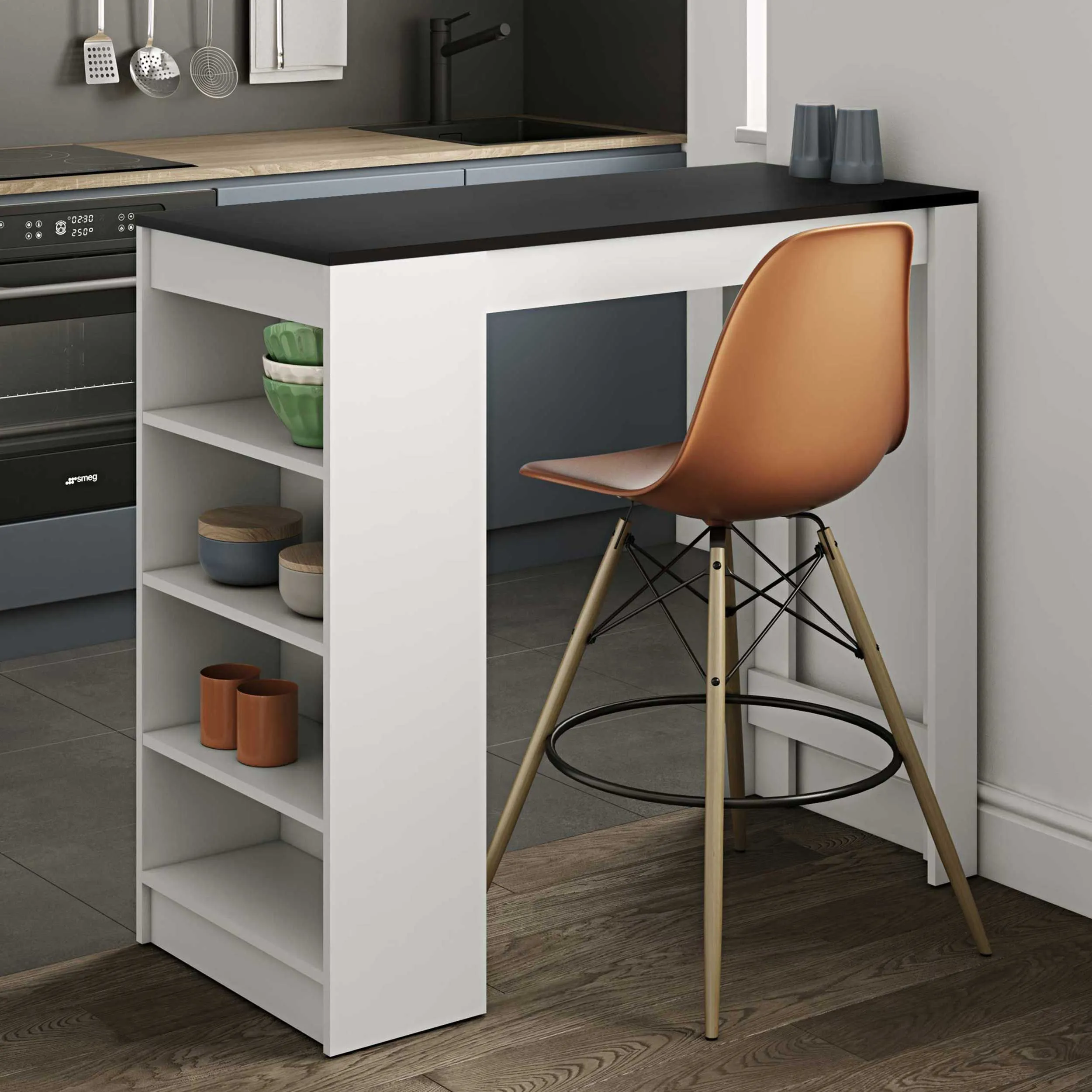 Table de bar Aravis 115x50 avec rangement - blanc/noir