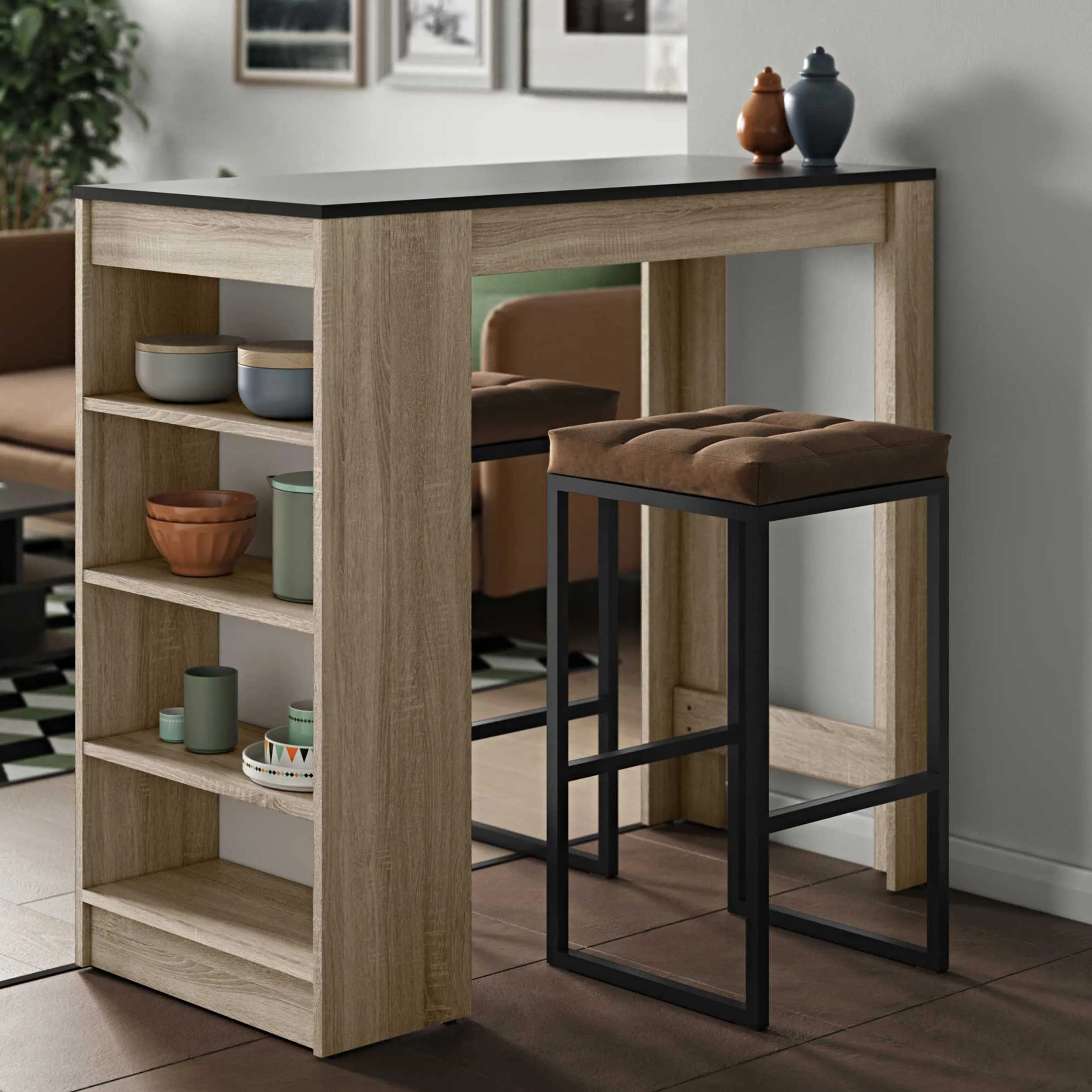 Table de bar Aravis 115x50 avec rangement - chêne/noir