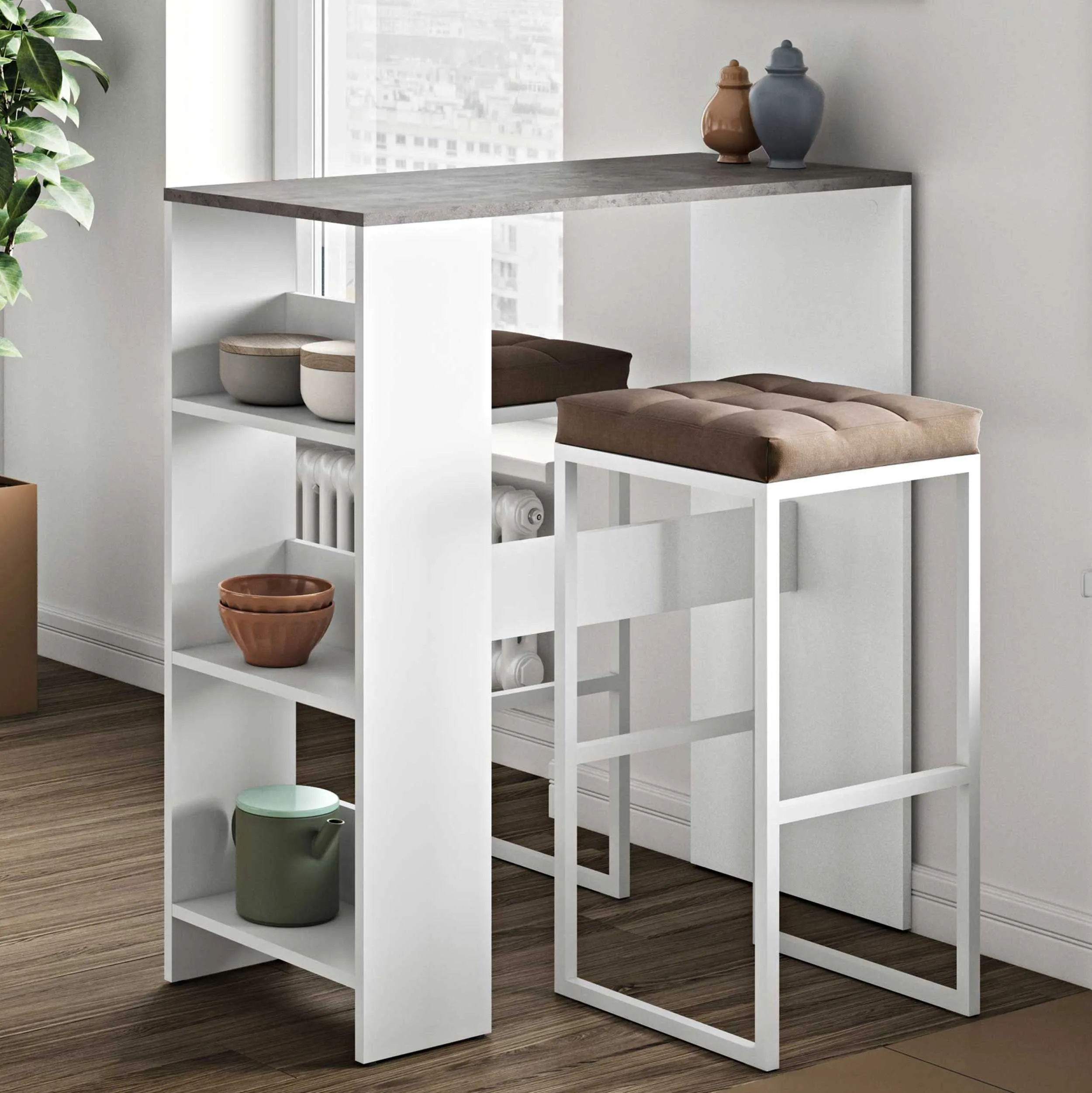 Table de bar Carnilla 94x40 avec rangement - blanc/béton