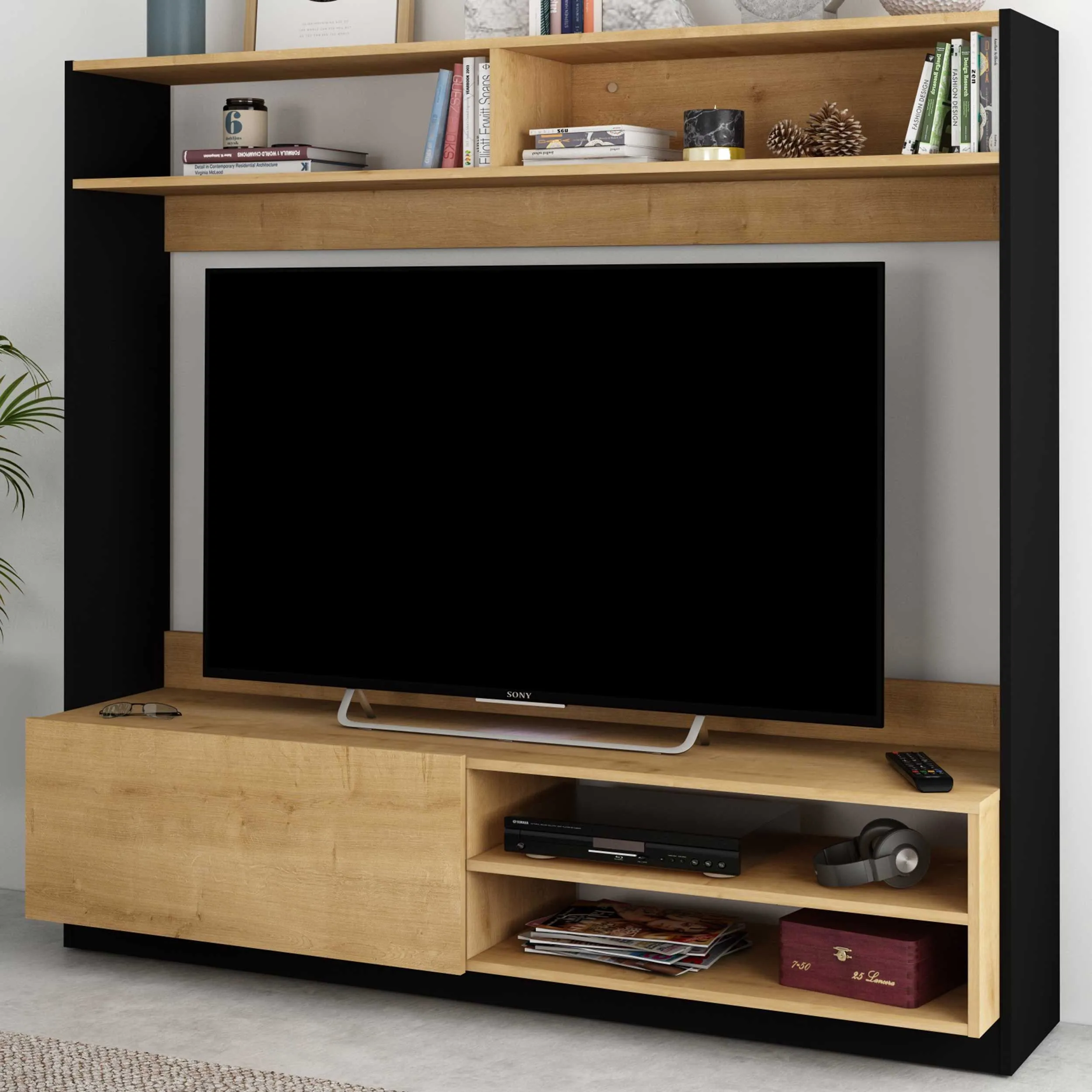 Meuble TV Daphne 163cm avec porte pliante - chêne/noir