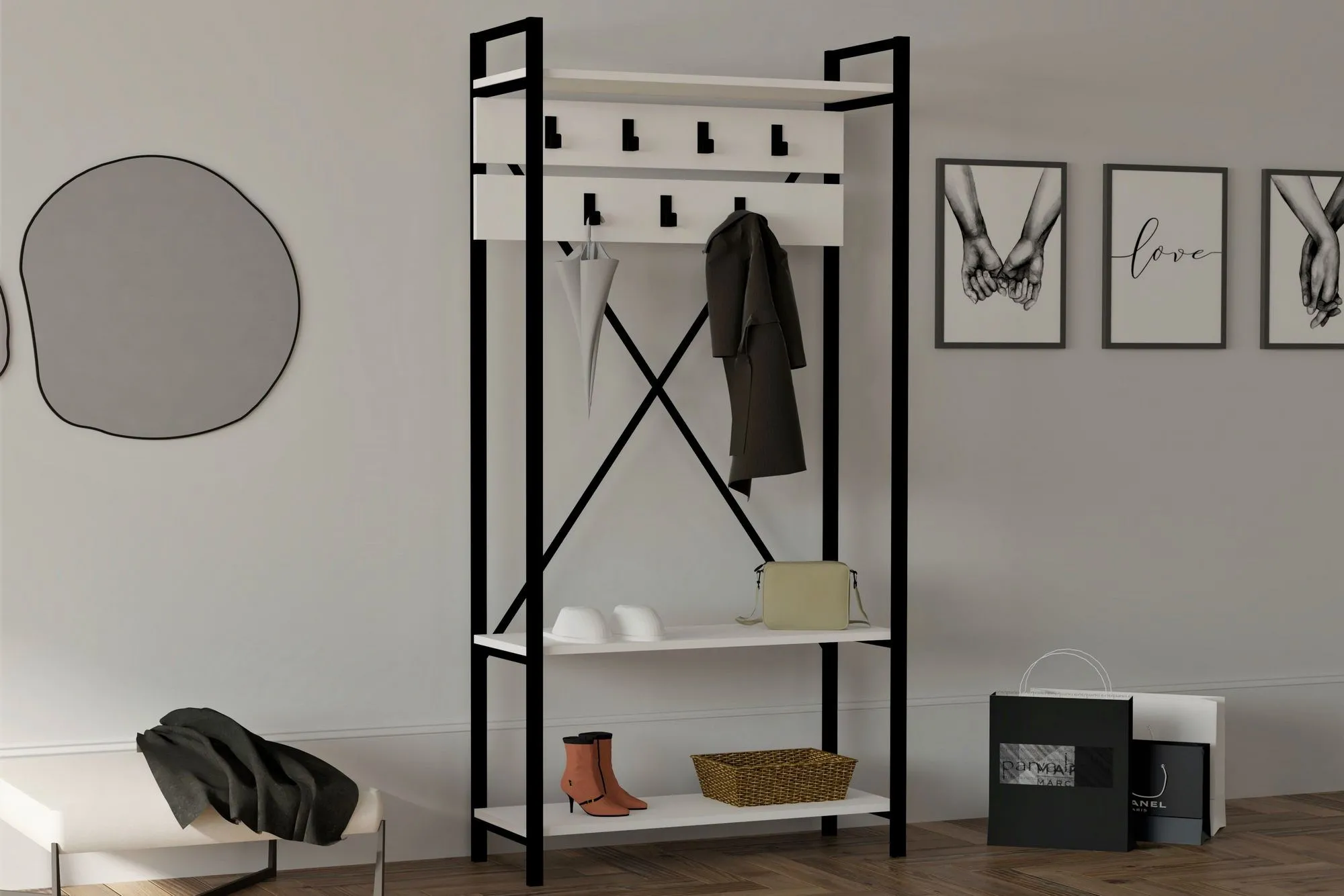 Alfa H Meuble d'entrée | 100 % MÉLAMINE | Blanc, Gris