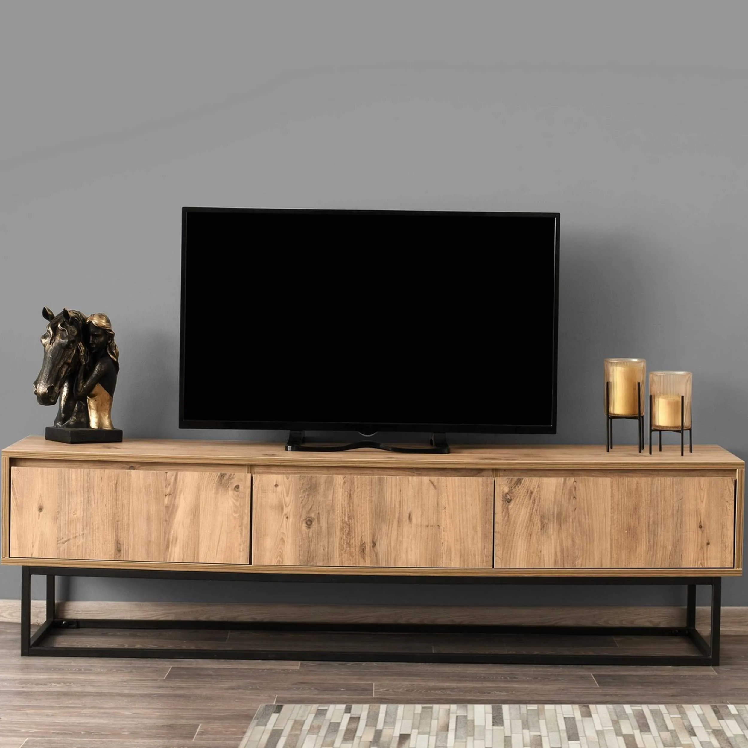 Tilsim 180 Meuble TV | 100 % MÉLAMINE | Noir, Pin