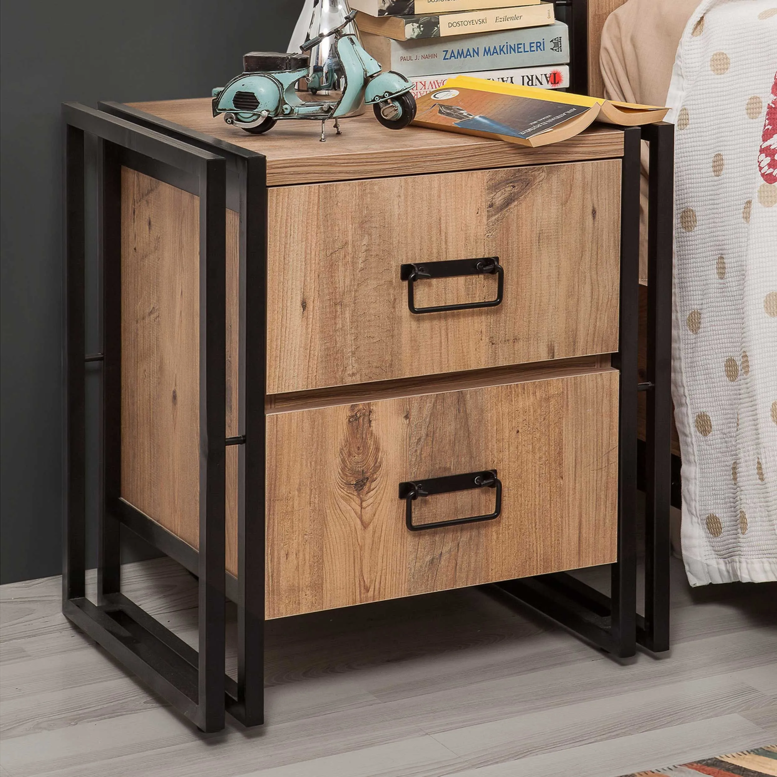 Table de nuit polyvalente | Moderne et fonctionnelle | Pin atlantique noir
