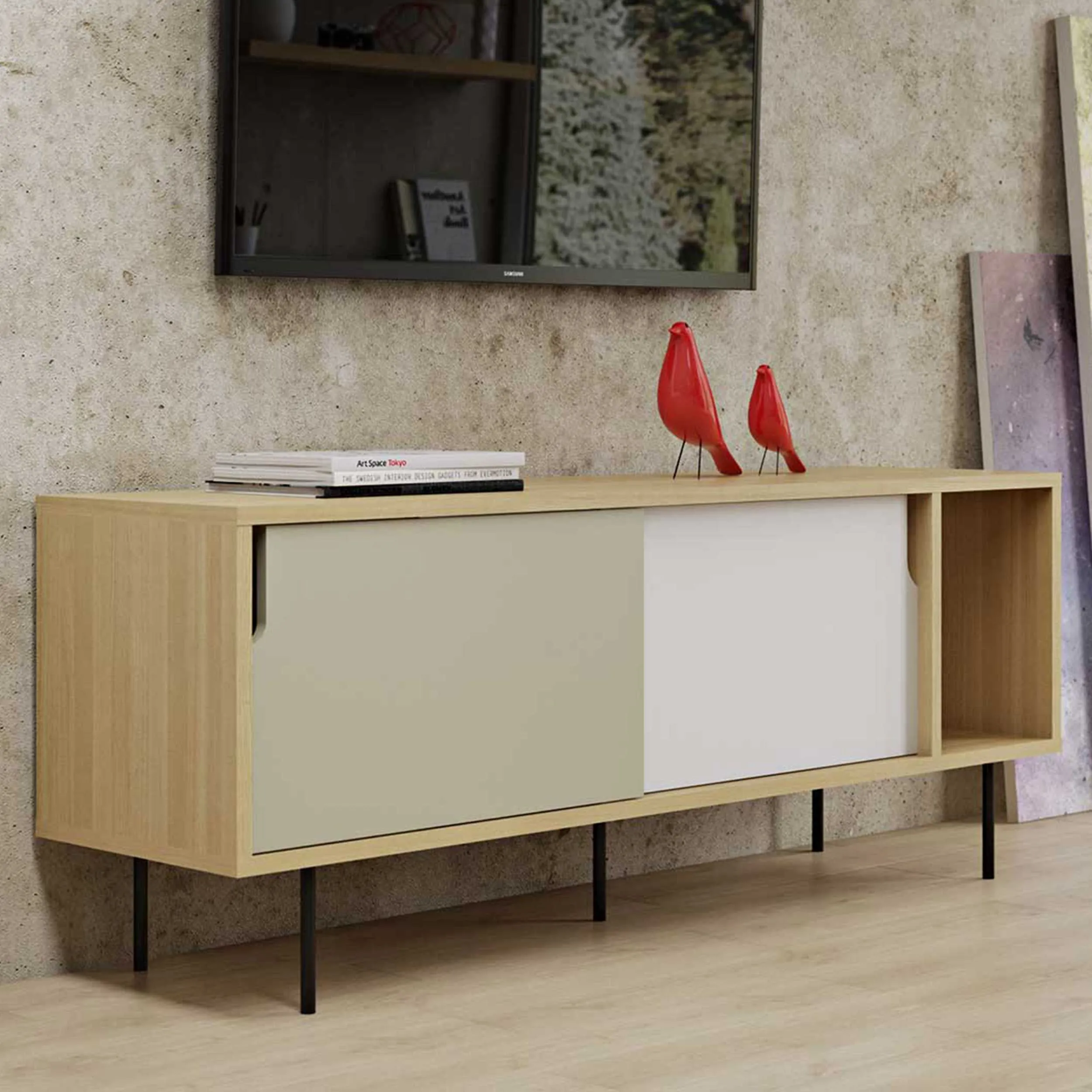 Bahut Danny 165cm - gris/chêne - pieds en métal