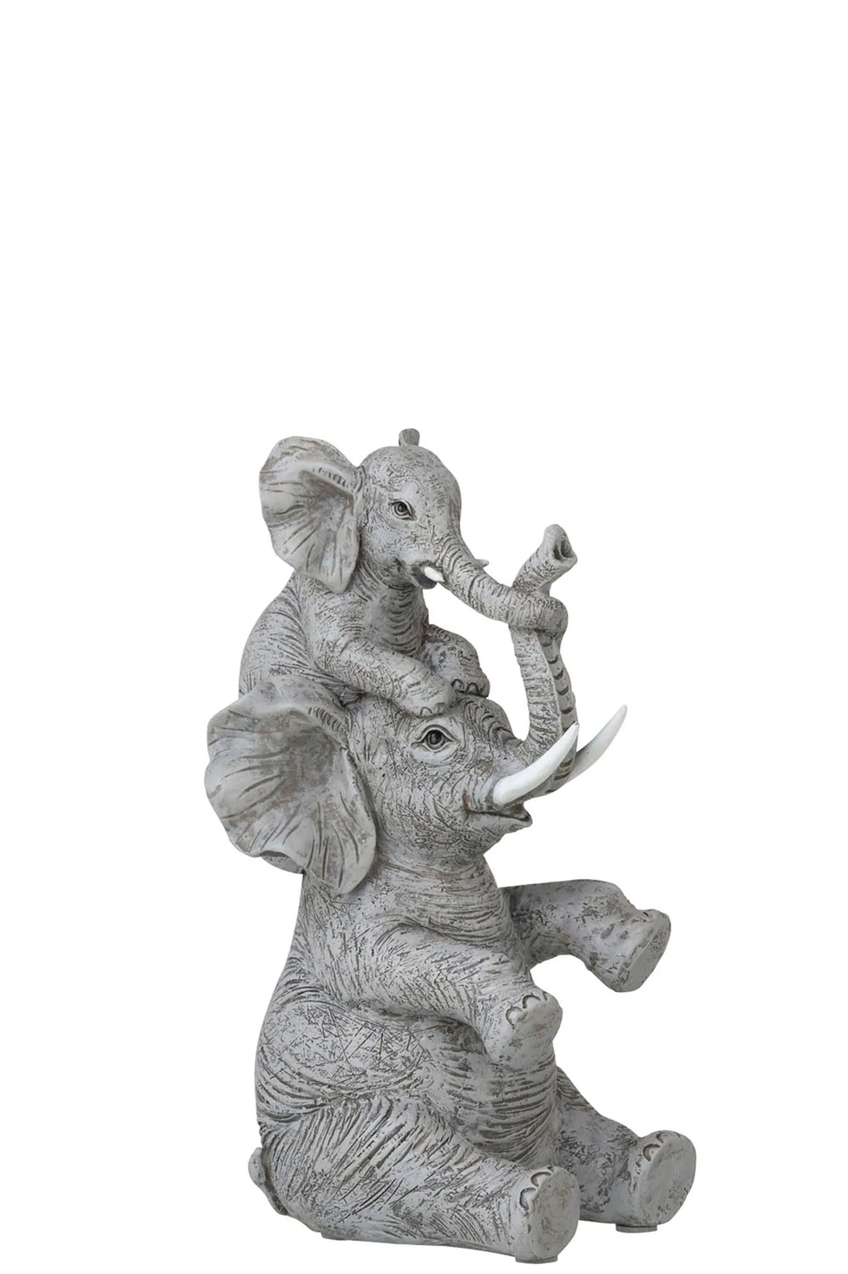 Elephant + enfant sur dos resine gris