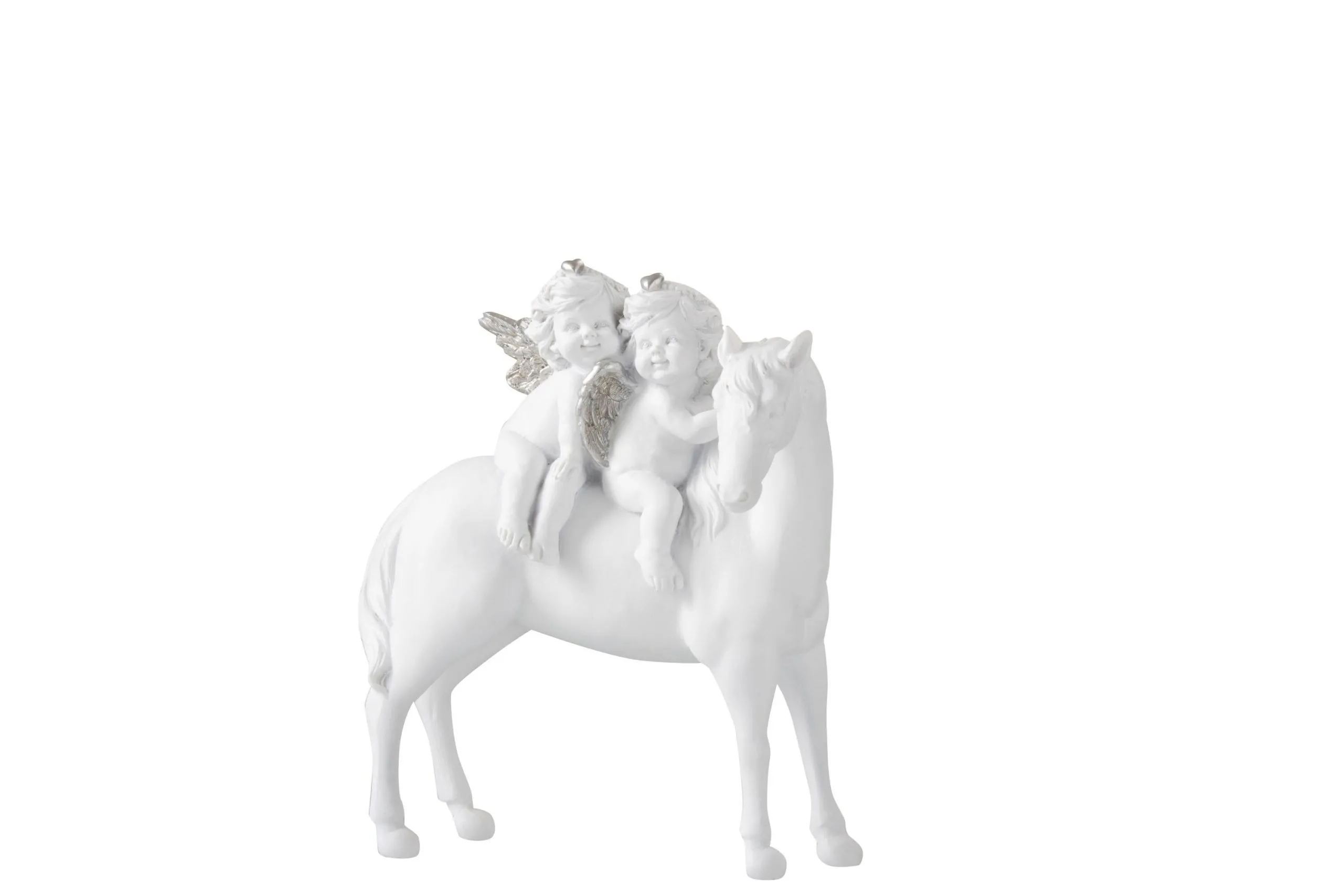 Cheval + 2 anges resine blanc/argent small