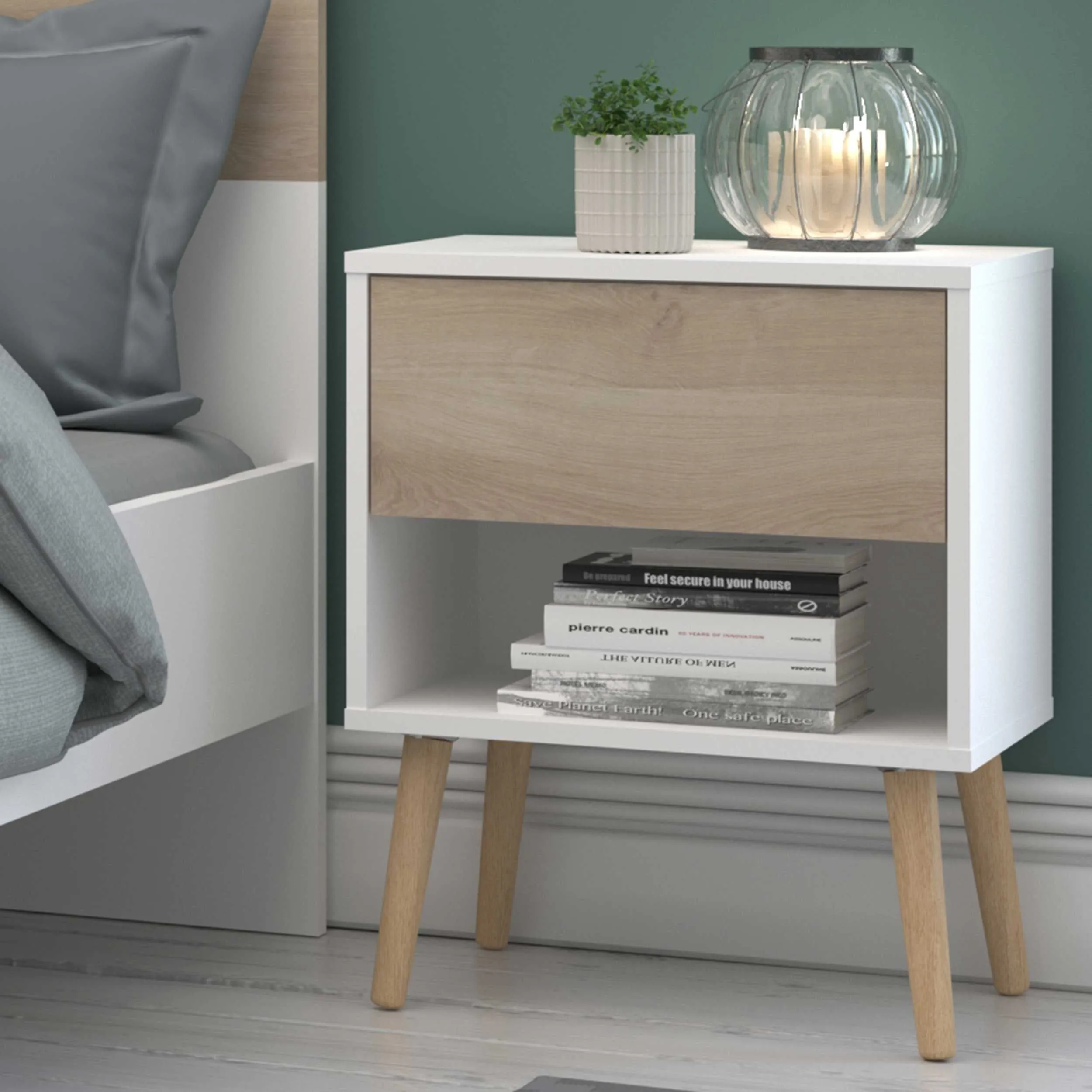 Table de nuit Hardy 44 cm avec 1 tiroir - blanc/chêne