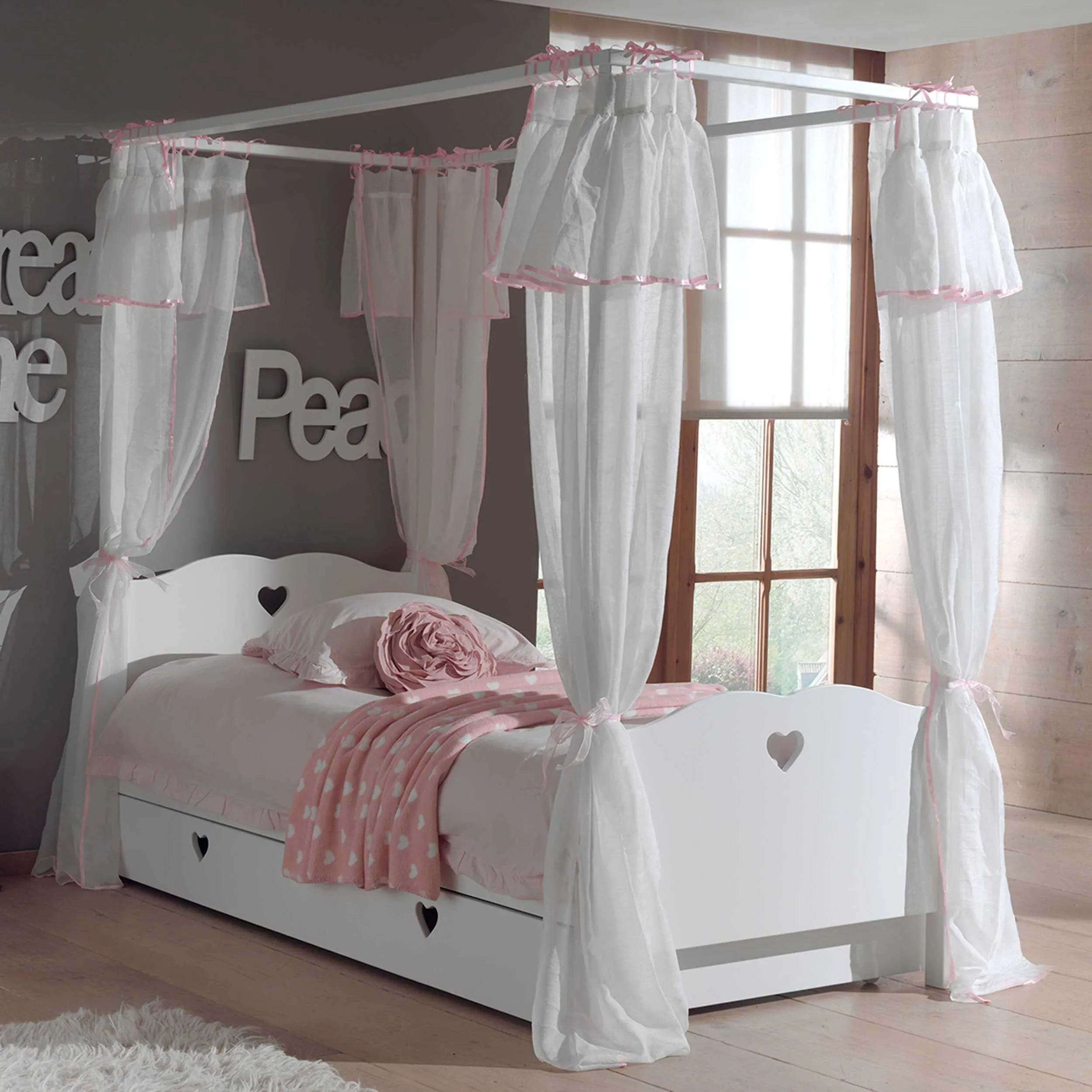 Lit à baldaquin Amori 90x200cm avec tiroir de lit et voile - blanc