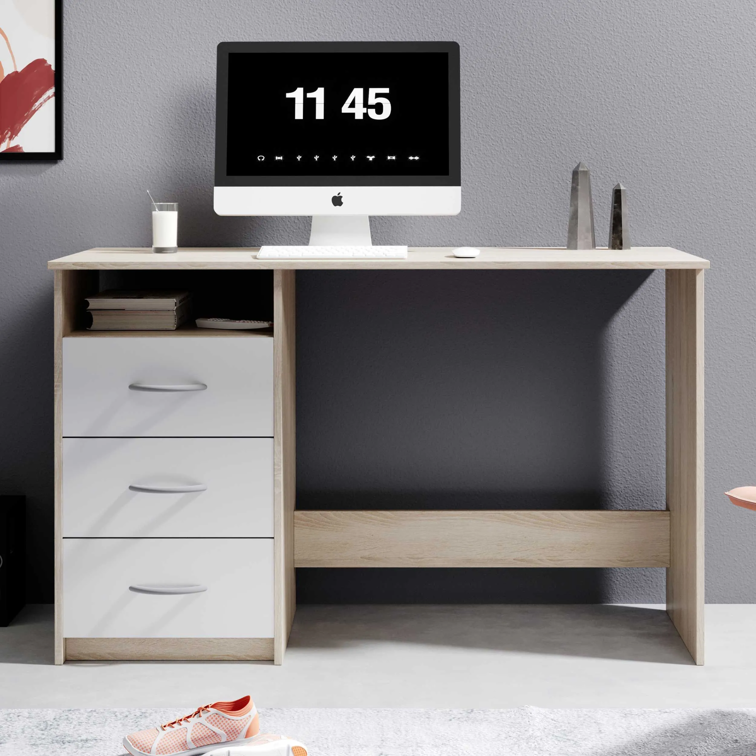 Bureau Adriano 123cm 3 tiroirs - chêne/blanc