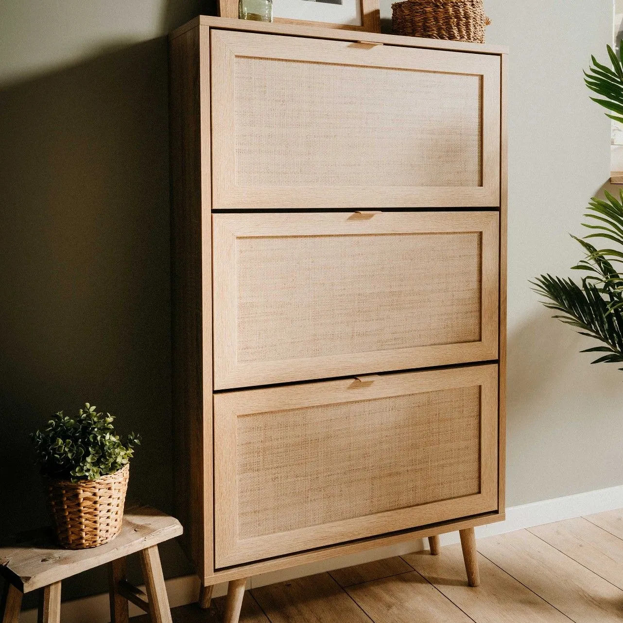 Armoire à chaussures Bilal 70cm 3 portes - chêne/raphia imprimé