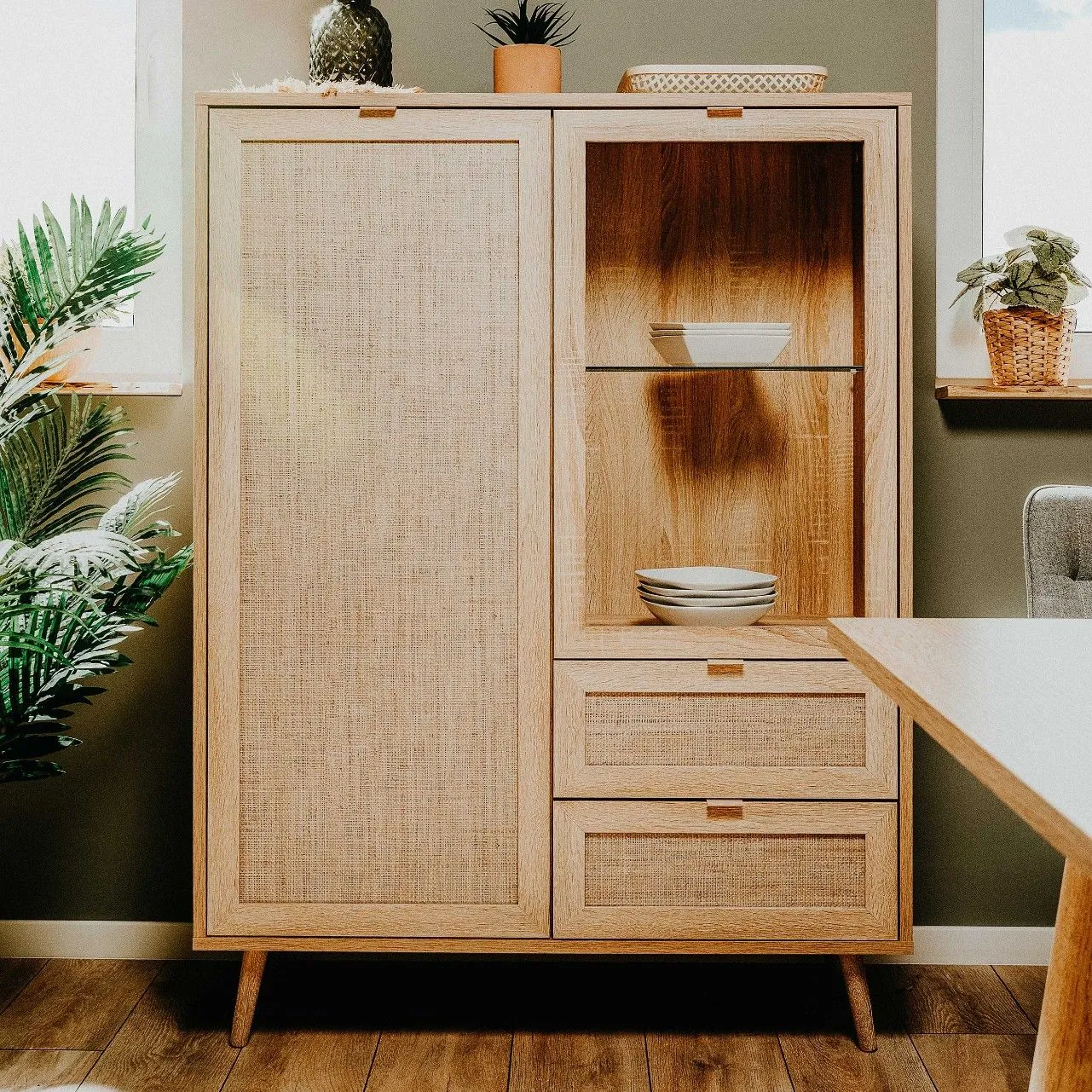 Buffet Bilal 102cm 2 portes & 2 tiroirs - chêne/raphia imprimé