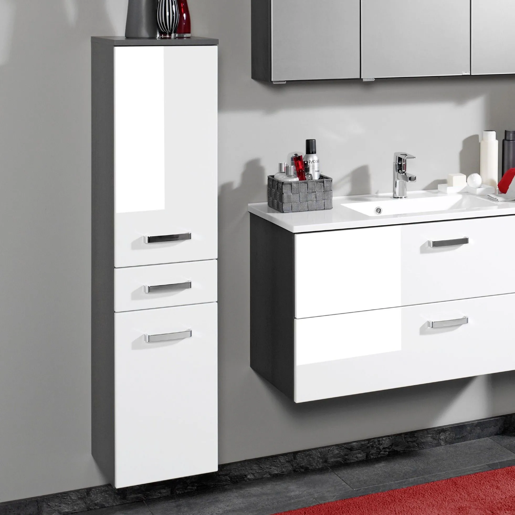 Colonne Bobbi basse 30cm 2 portes et 1 tiroir - graphite/blanc brillant