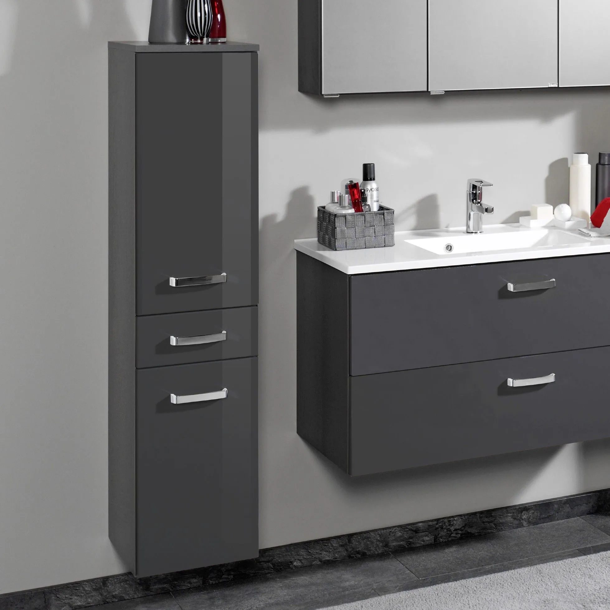 Colonne Bobbi basse 30cm 2 portes et 1 tiroir - graphite/gris brillant