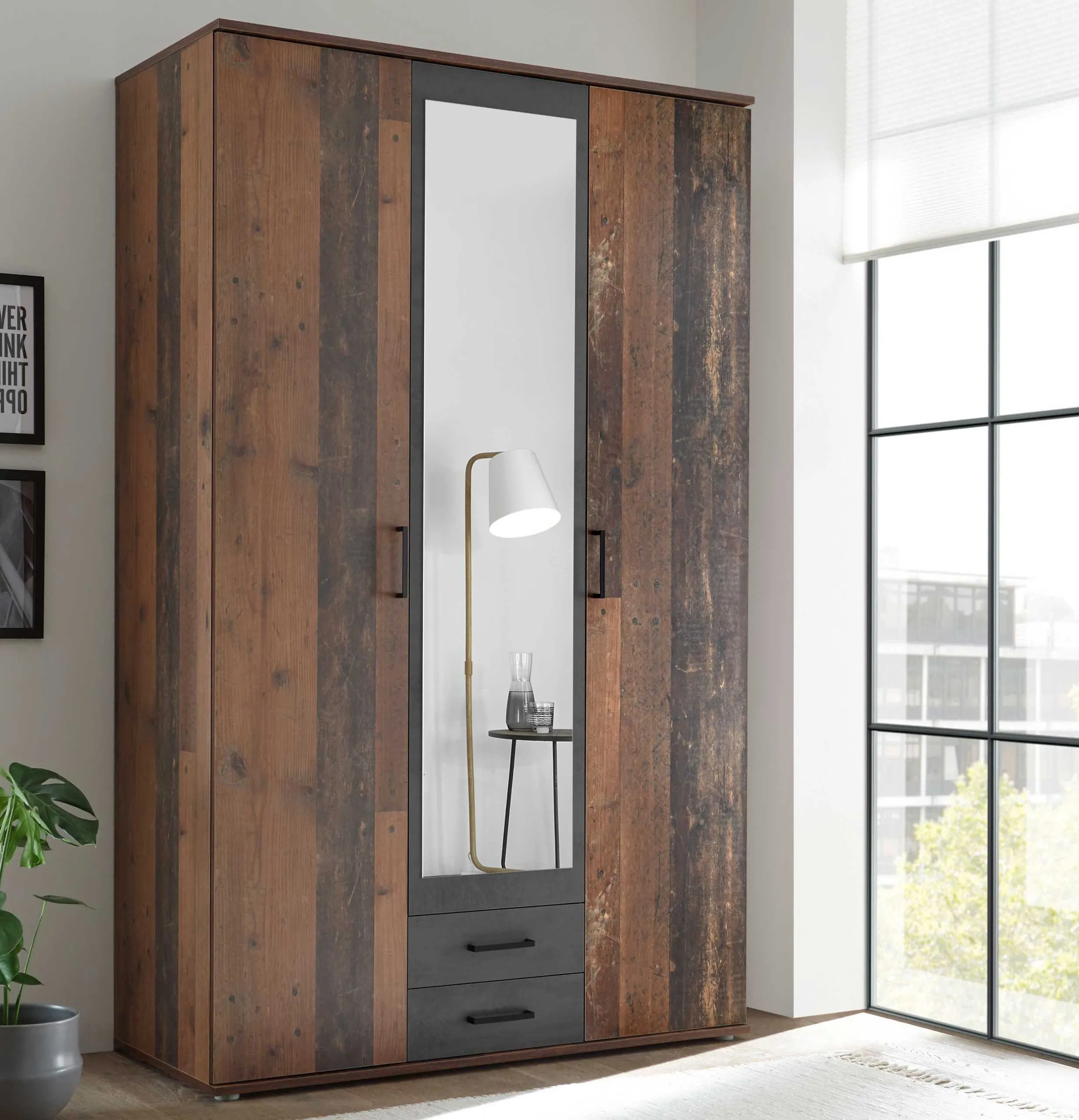 Armoire à vêtements Ellis 120cm à 3 portes & 2 tiroirs - vieux style/béton