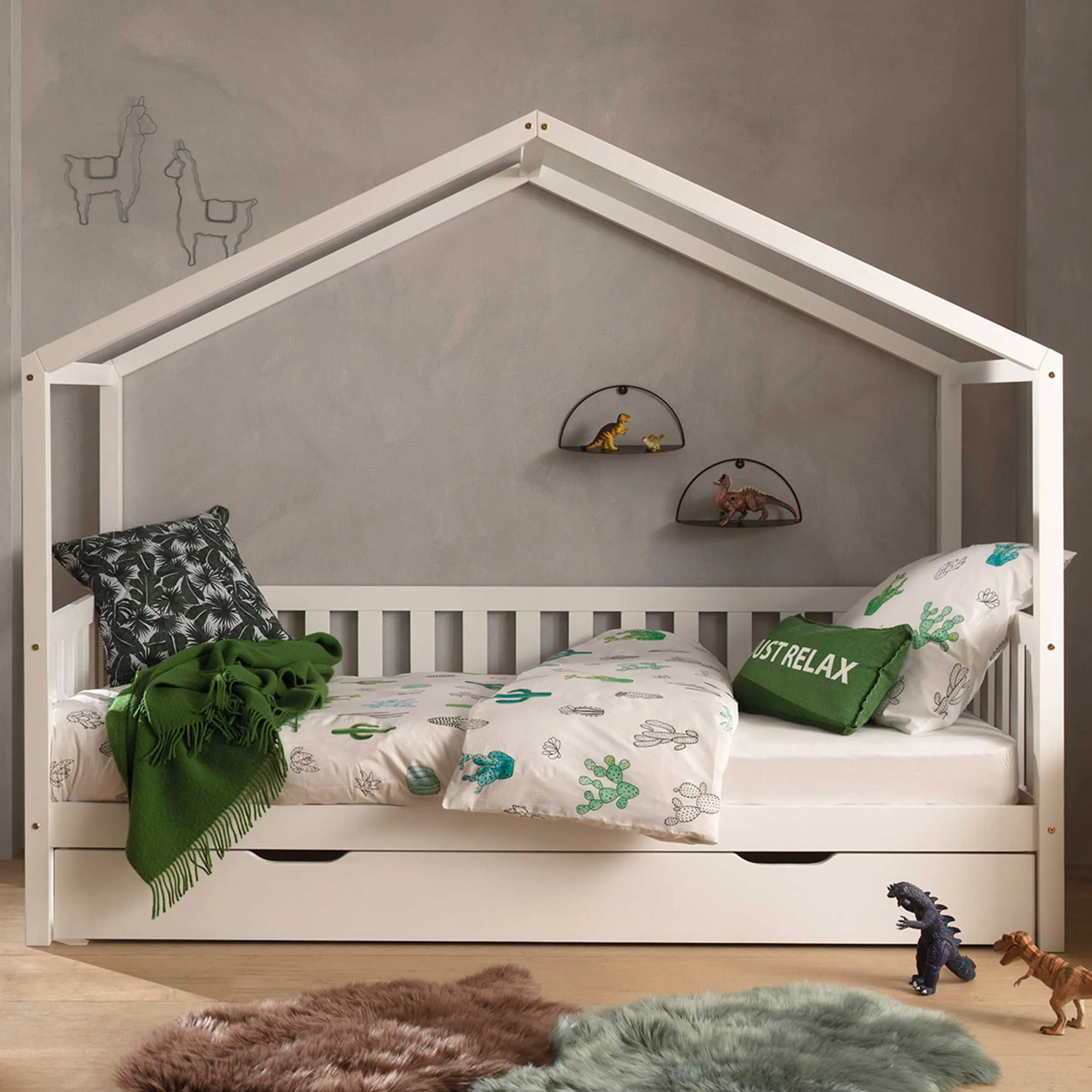 Lit cabane Dallas 2 90x200 avec tiroir de lit - blanc