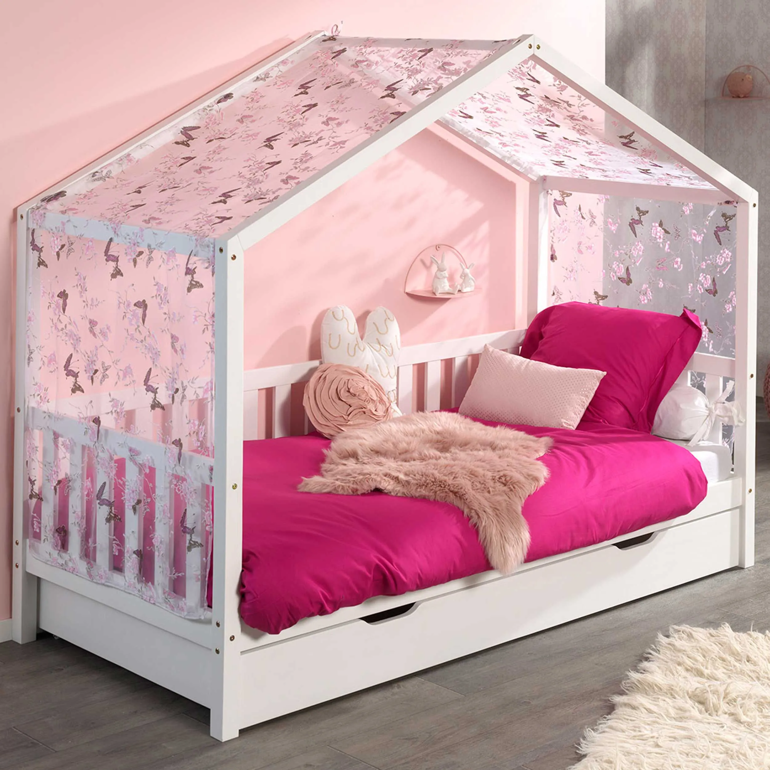 Lit cabane Dallas 2 90x200, tiroir de lit et voile avec dessin de papillons - blanc/rose