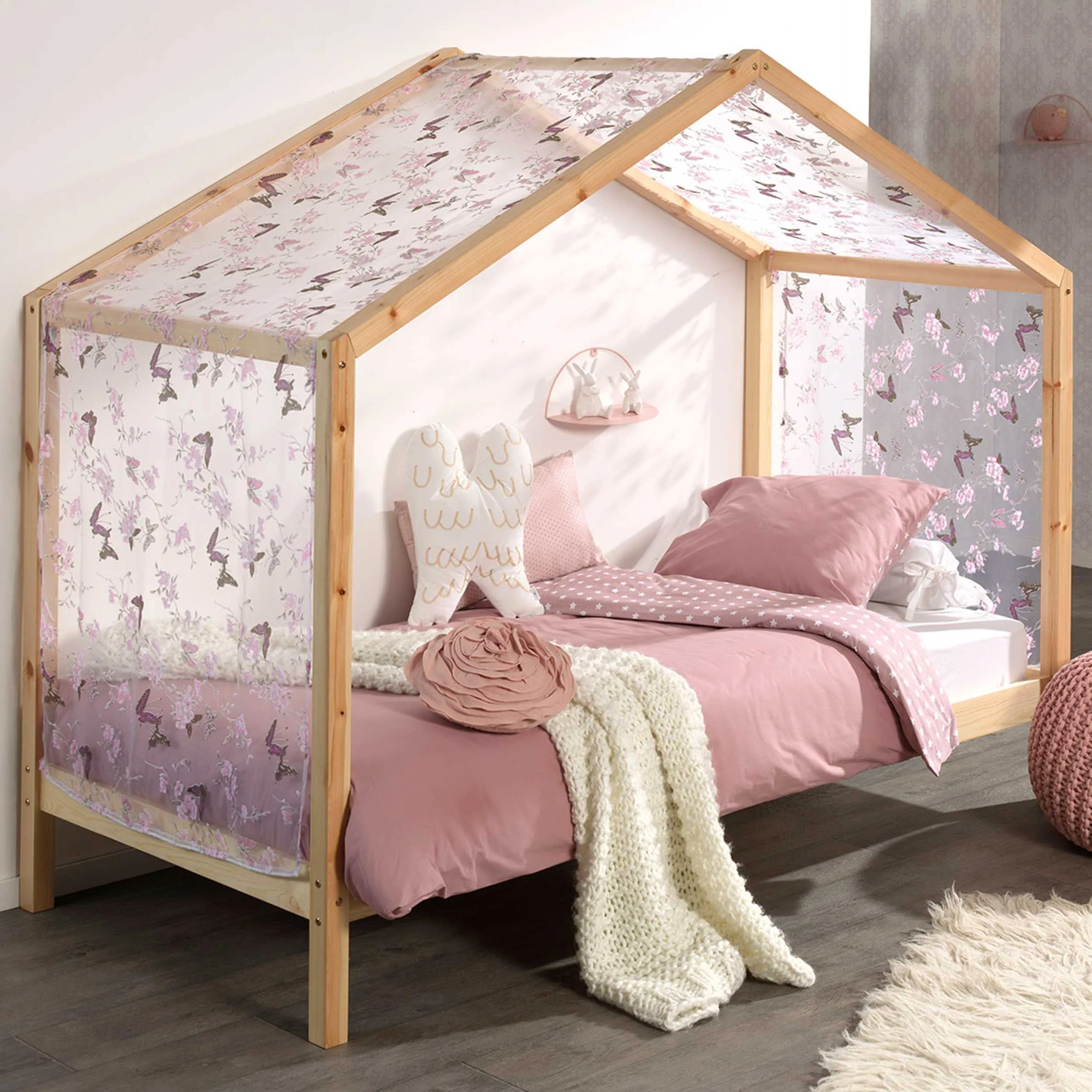 Lit cabane Dallas 3 90x200 & voile avec dessin de papillons - bois pin/rose