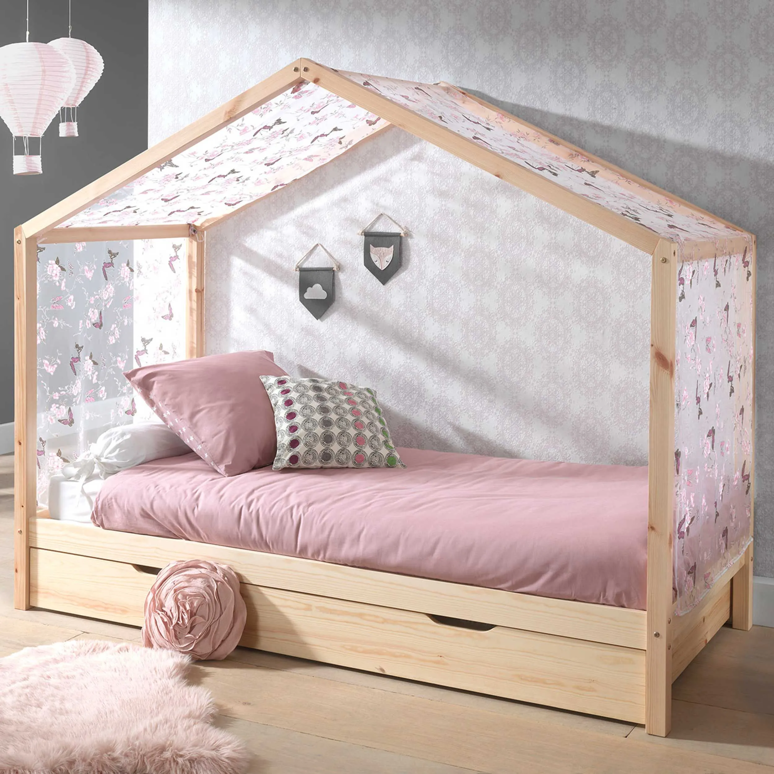 Lit cabane Dallas 3 90x200, tiroir de lit & voile avec dessin de papillons - bois pin/rose