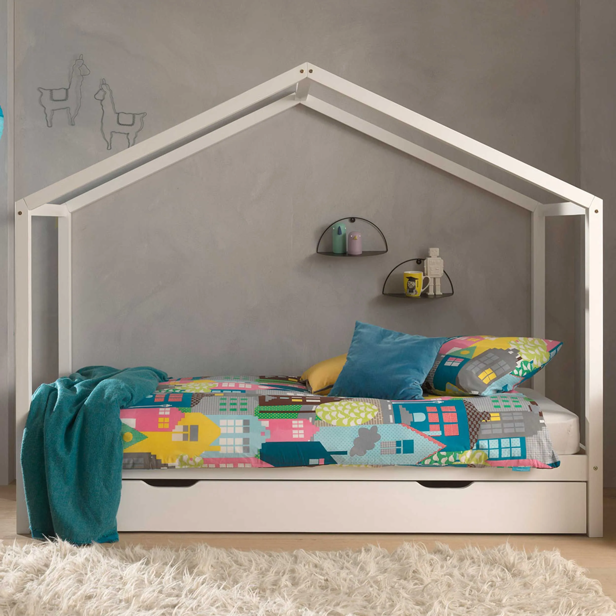 Lit cabane Dallas 3 90x200 avec tiroir de lit - blanc