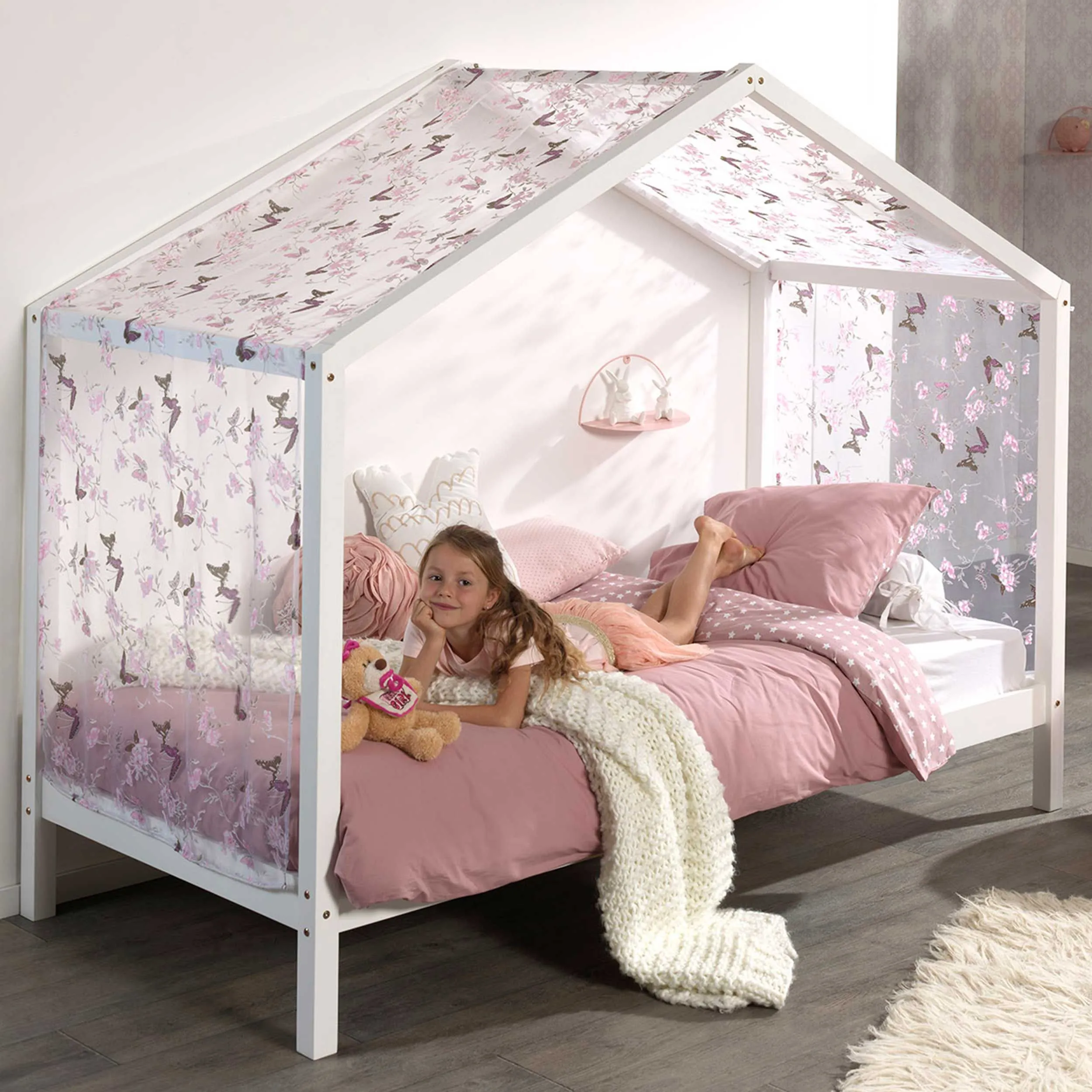 Lit cabane Dallas 3 90x200 & voile avec dessin de papillons - blanc/rose