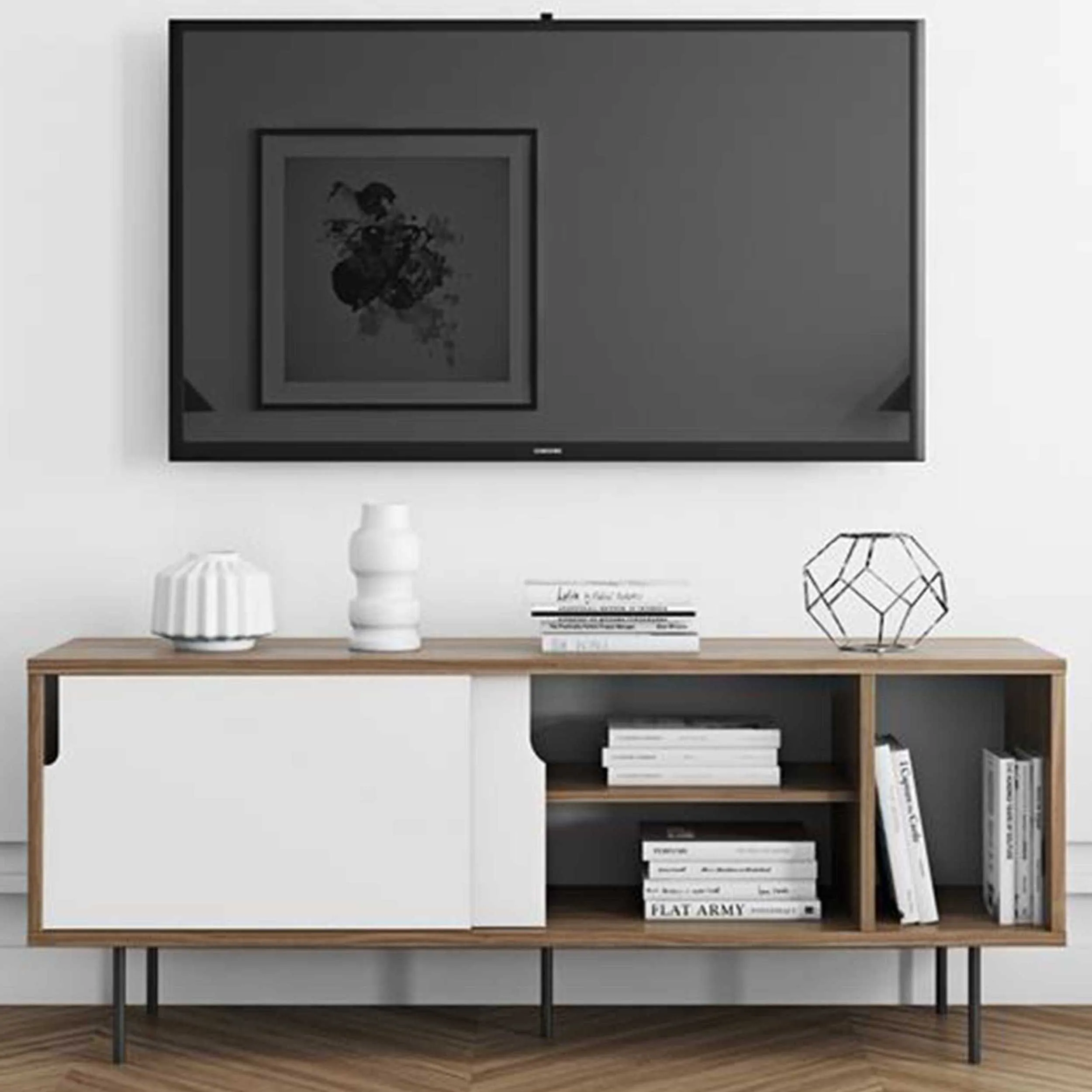 Bahut Danny 165cm - blanc/noyer - pieds en métal