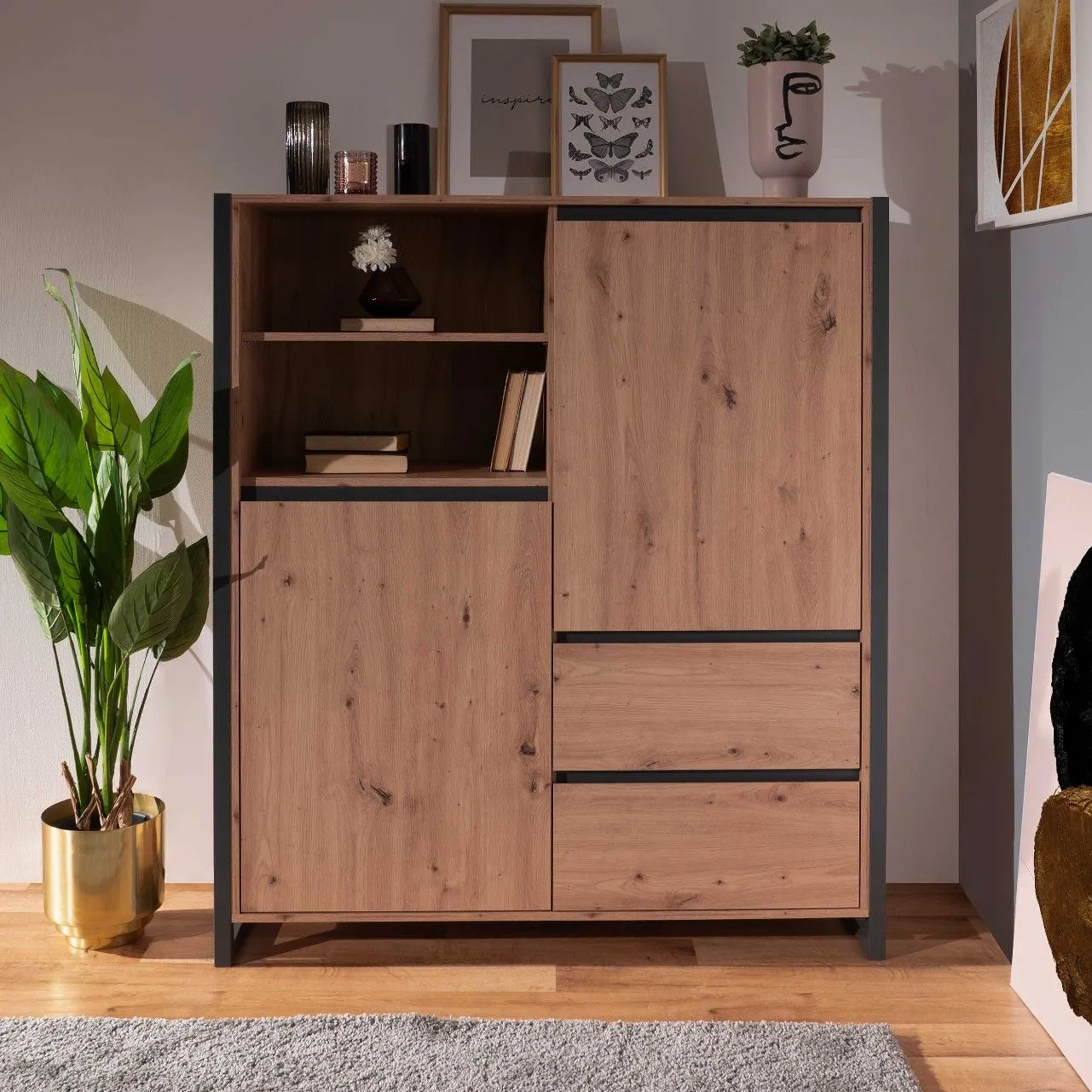 Bahut Damon haut 120cm 2 portes - chêne/anthracite