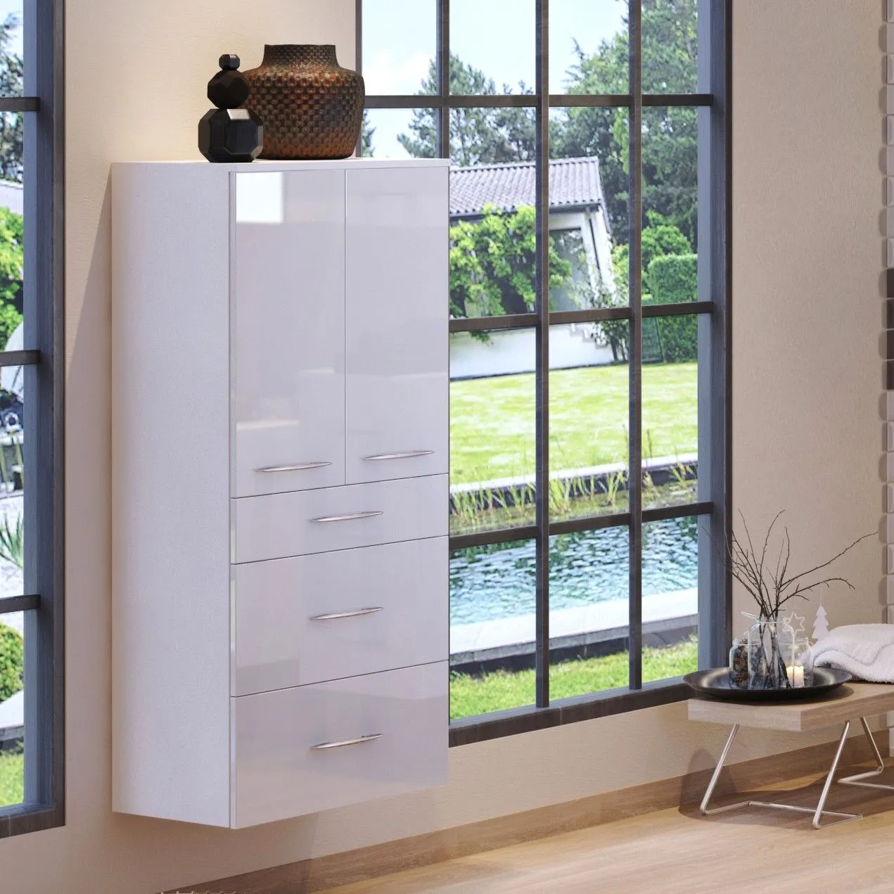 Armoire salle de bains Florent 60cm 2 portes & 3 tiroirs - blanc