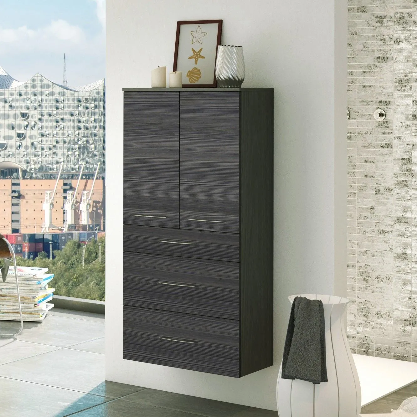 Armoire salle de bains Florent 60cm 2 portes & 3 tiroirs - graphite/chêne gris