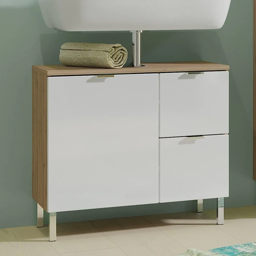 Meuble sous lavabo Mauro 60cm avec porte & 2 tiroirs - chêne/blanc