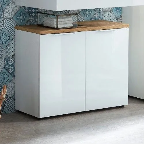 Meuble sous lavabo Sepp avec 2 portes - blanc/chêne