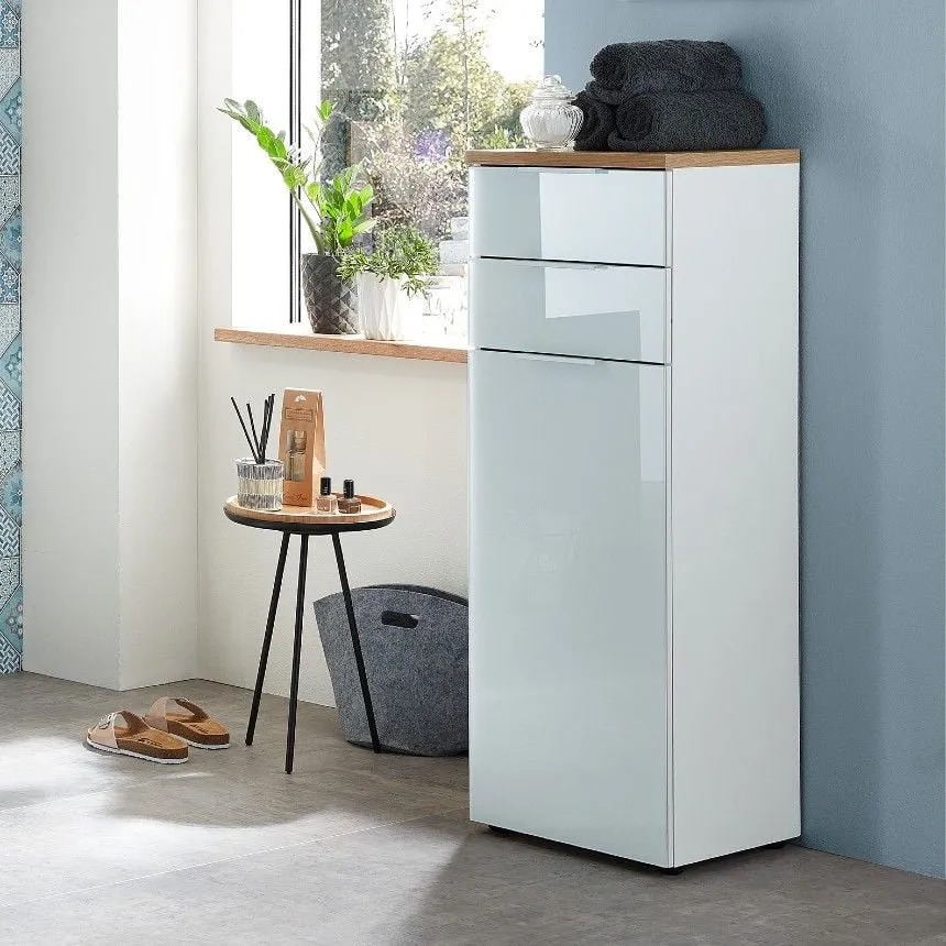 Armoire de salle de bains Sepp avec 1 porte & 2 tiroirs - blanc/chêne