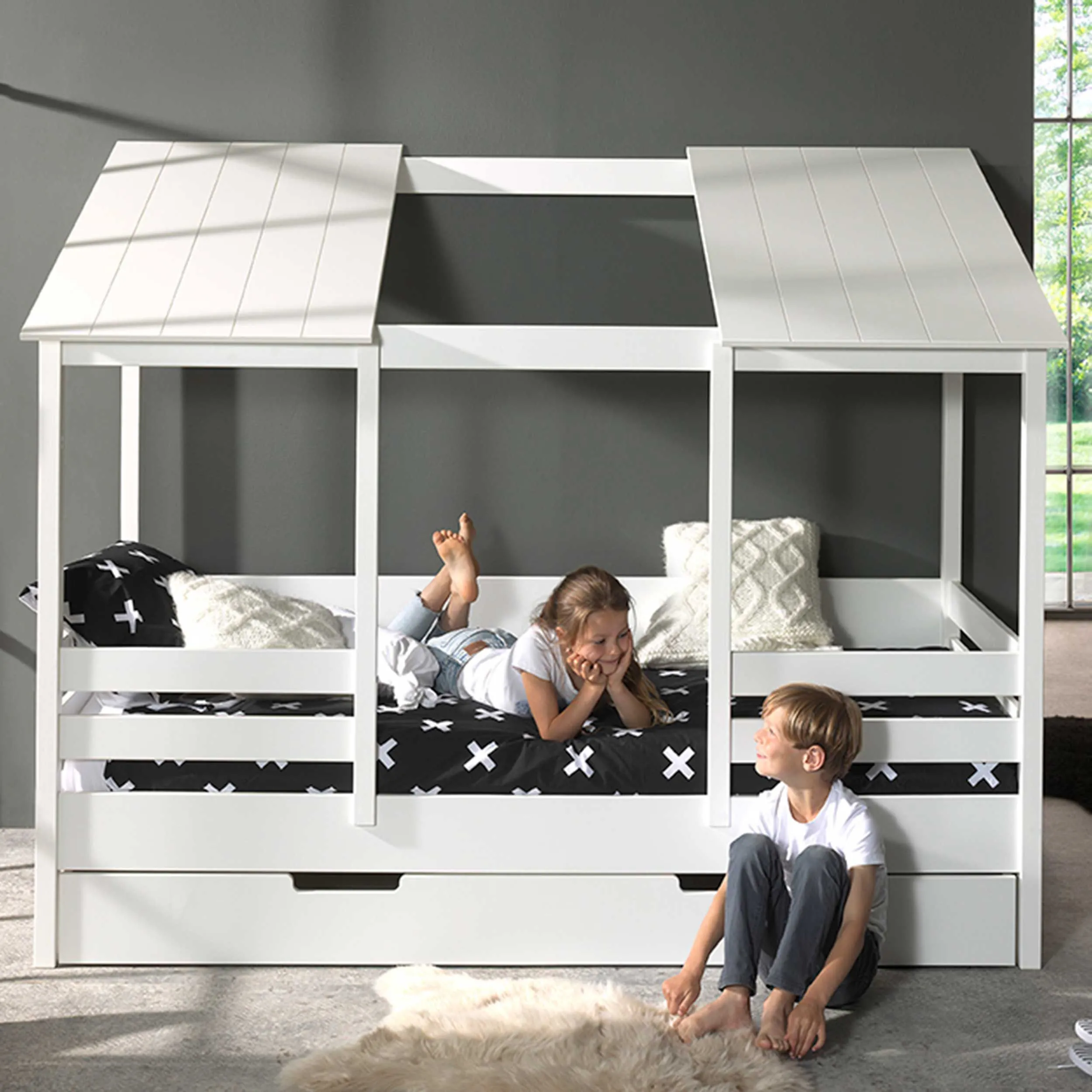 Lit cabane Hester 90x200 avec tiroir de lit - blanc