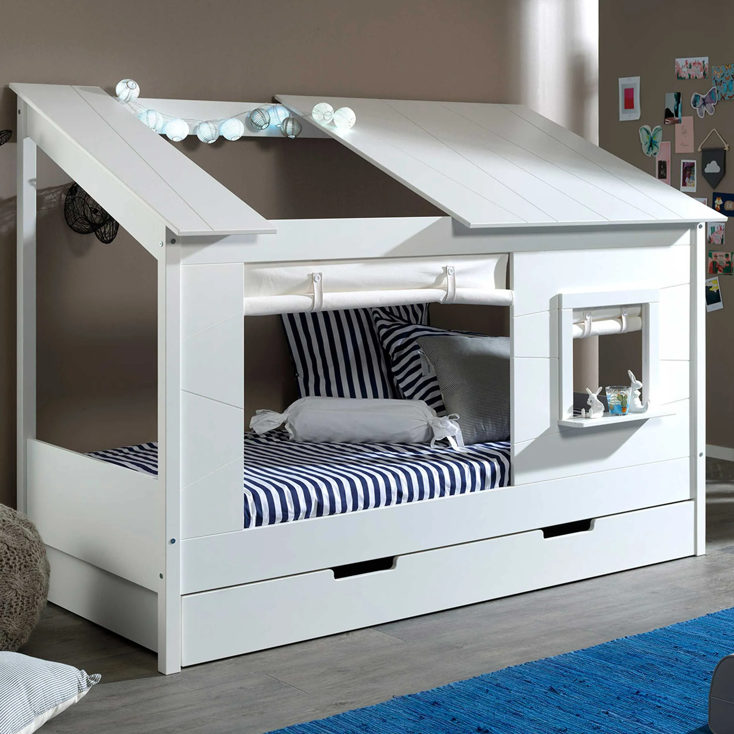 Lit cabane Lio 90x200 avec tiroir de lit et rideaux - blanc