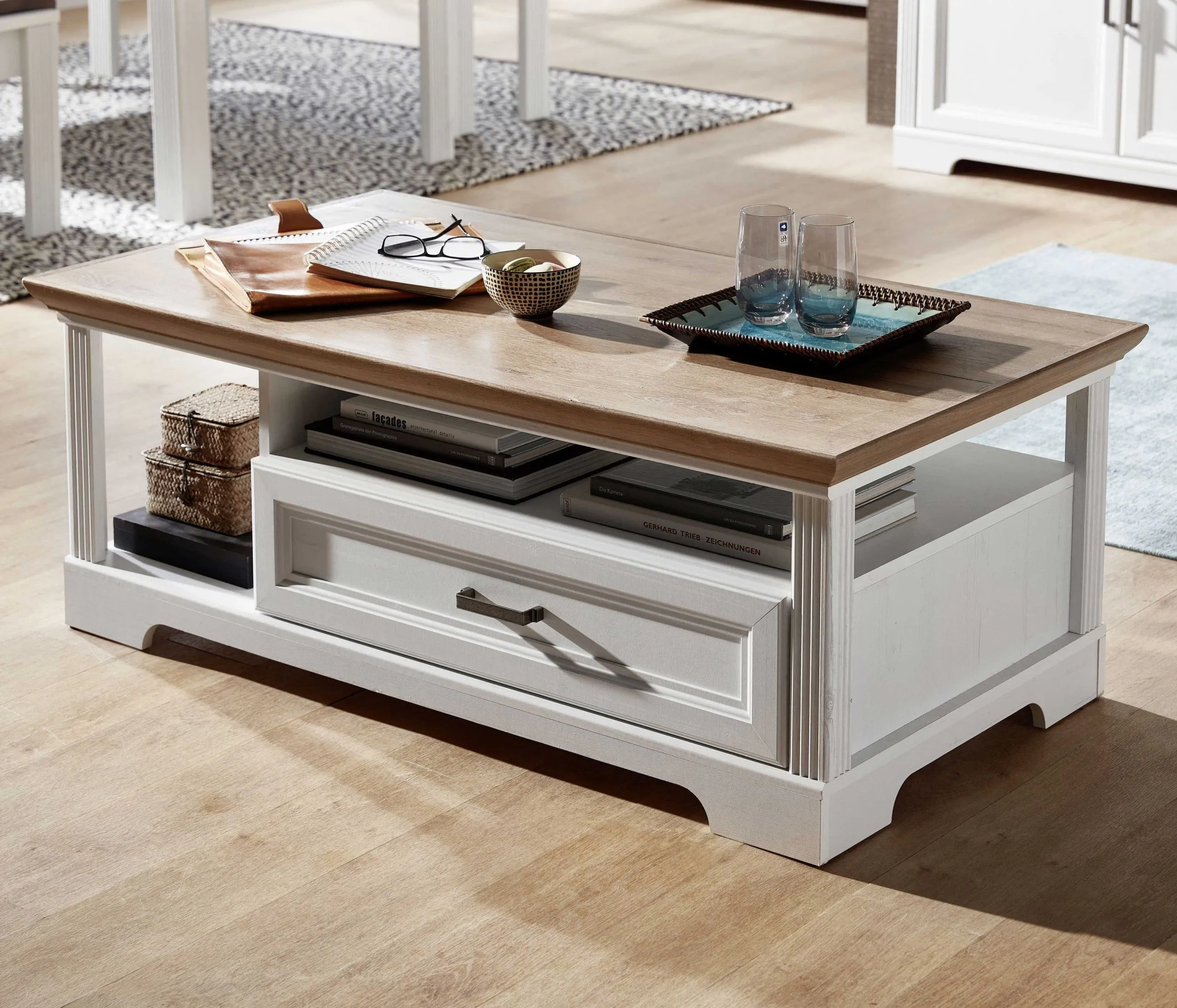 Table basse Samine 1 tiroir & 2 niches - blanc/chêne