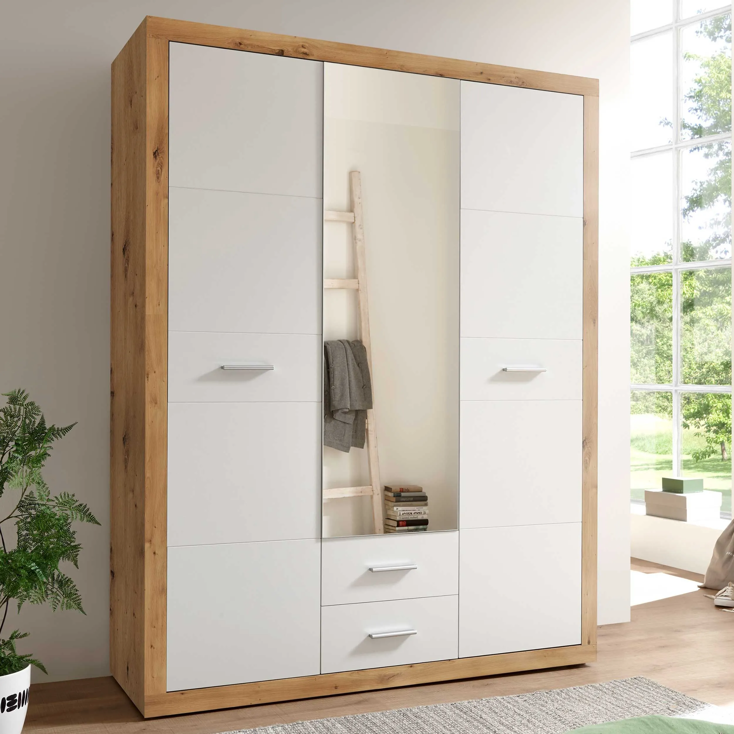 Armoire à vêtements Storck 151cm 3 portes & 2 tiroirs - chêne artisan/blanc