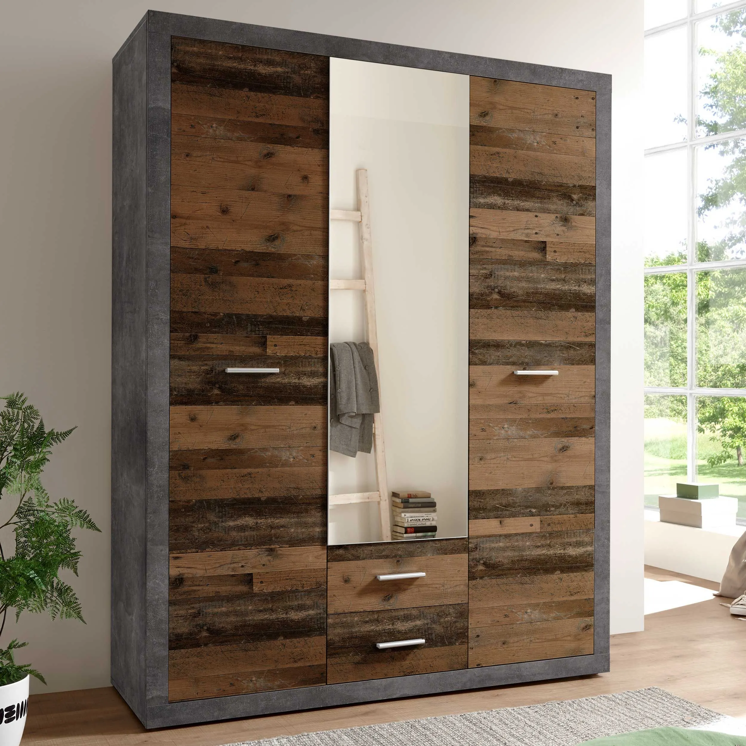 Armoire à vêtements Storck 151cm 3 portes & 2 tiroirs - vieux style/béton