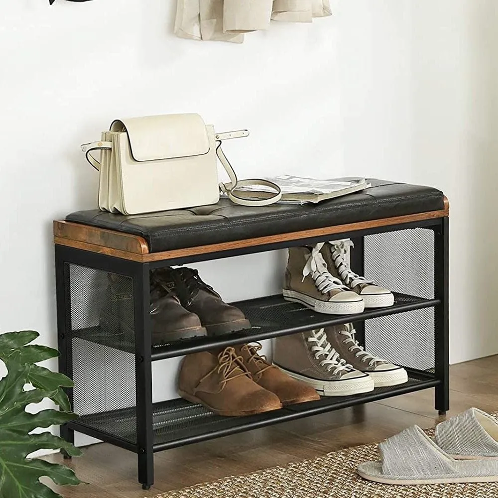 Banc à chaussures capitonné Brad 2 tablettes - brun rustique/noir