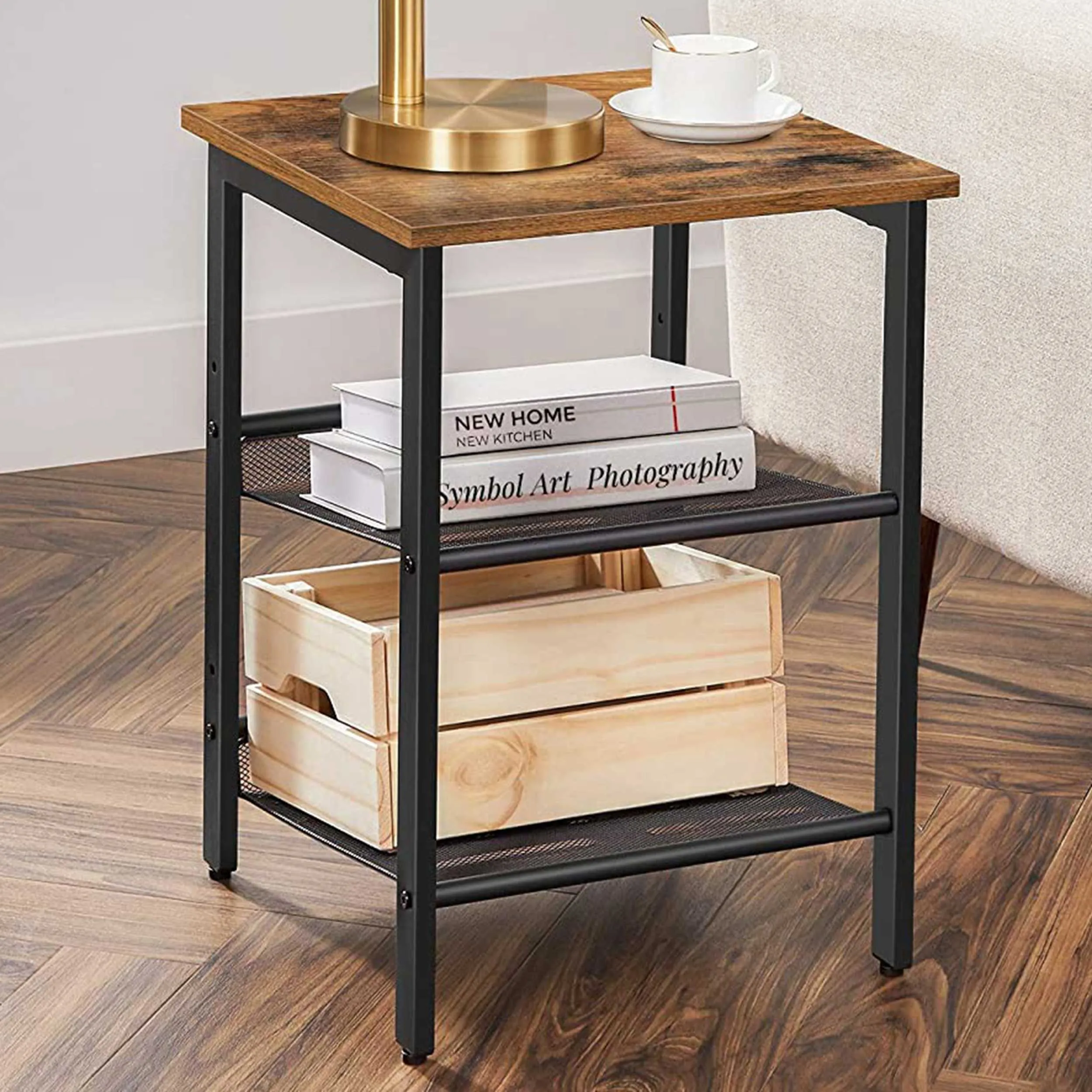 Set de 2 tables d'appoint Brad 40x40 2 tablettes - brun rustique/noir