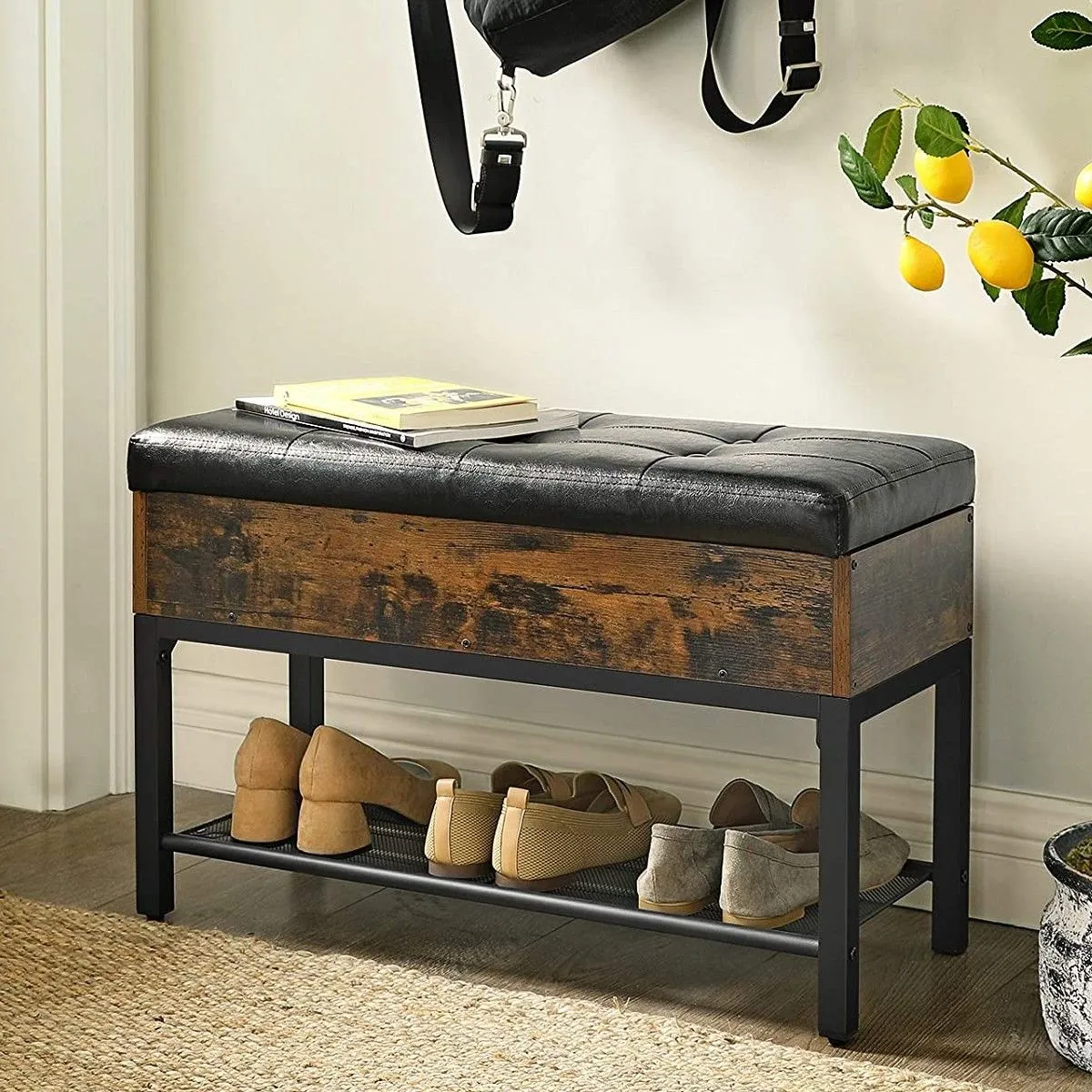 Banc à chaussures Brad avec rangement & tablette - brun rustique/noir
