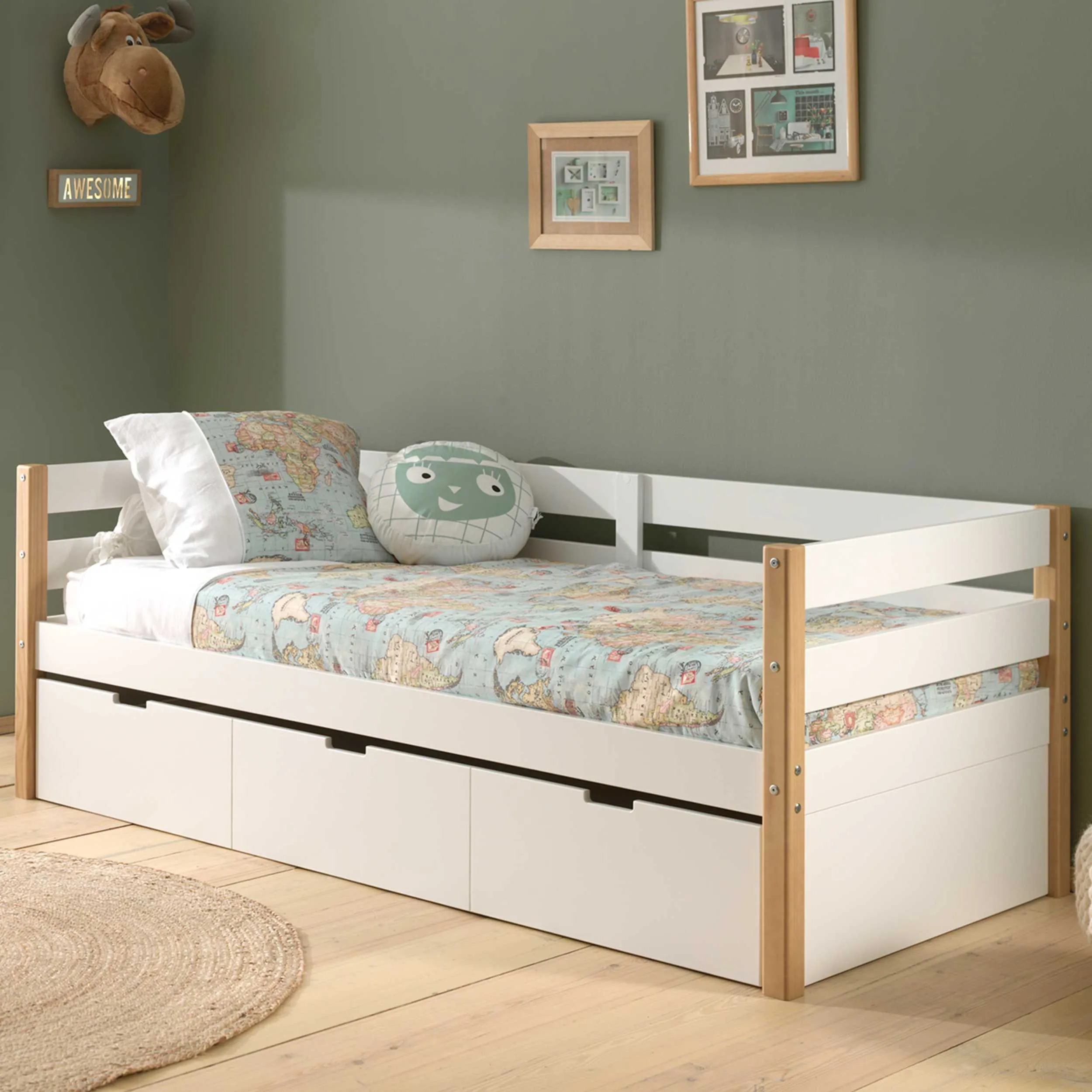 Lit banquette gigogne Maggie 90 x 200 bois pin - blanc