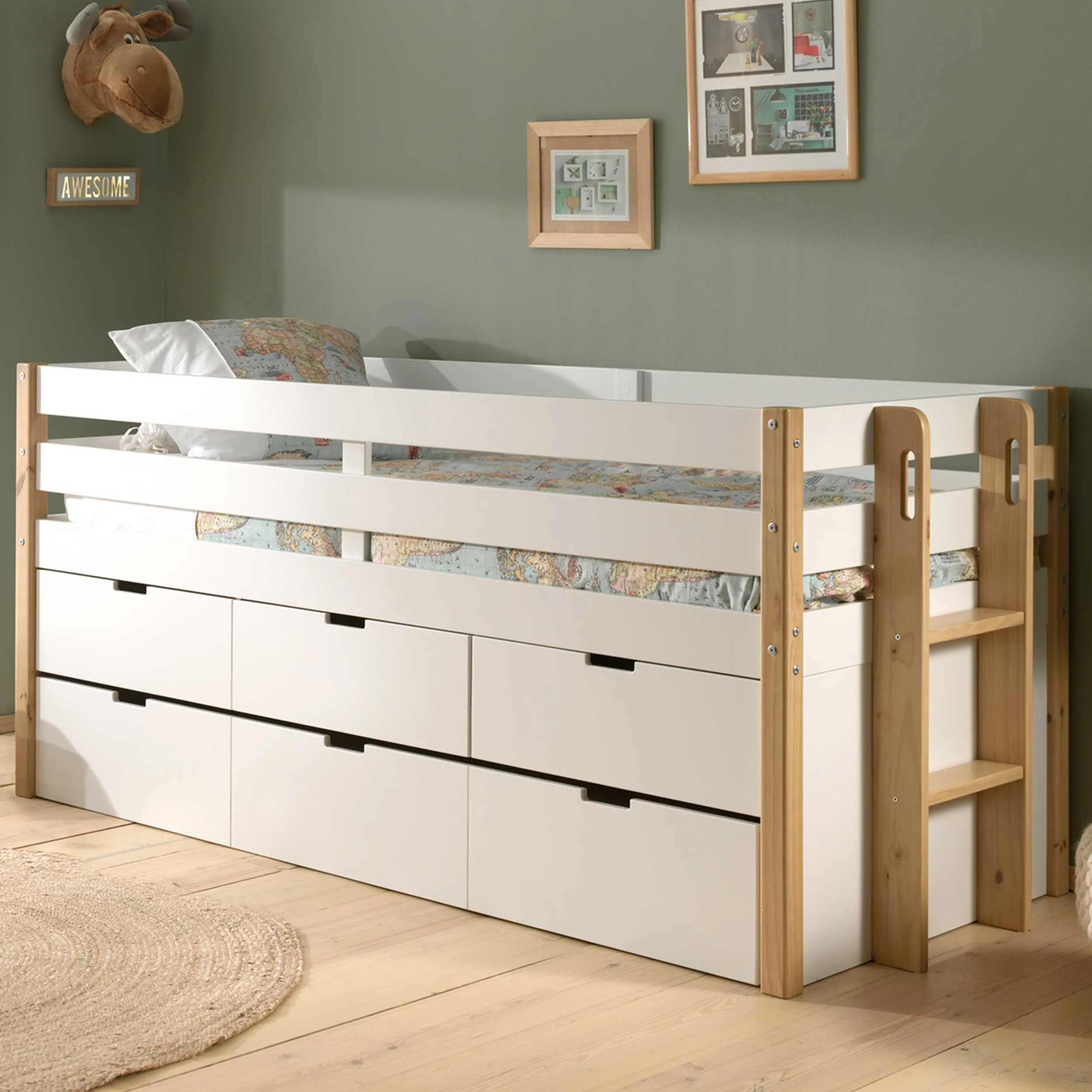 Lit banquette gigogne 90 x 200 avec 3 tiroirs - blanc/bois pin