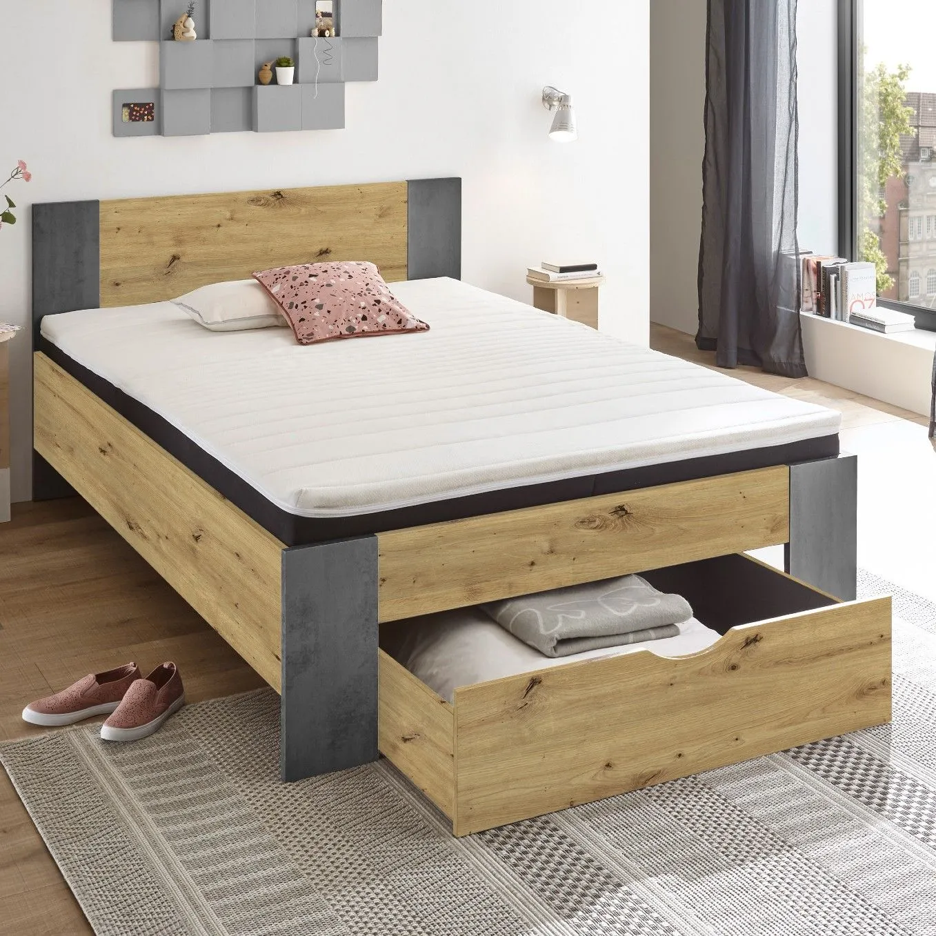 Lit Rudi 140x200 avec 1 tiroir - vieux chêne/béton