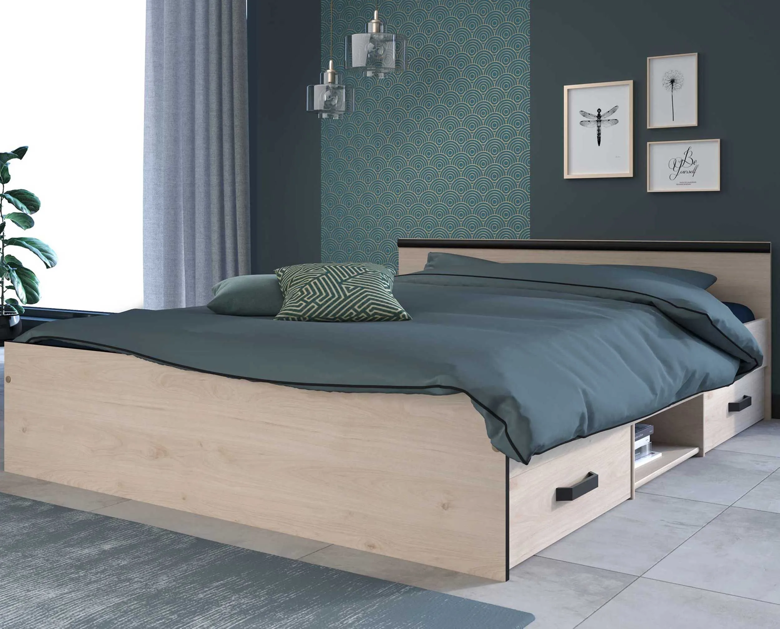 Lit Alma 140x190cm avec tiroirs - décor chêne