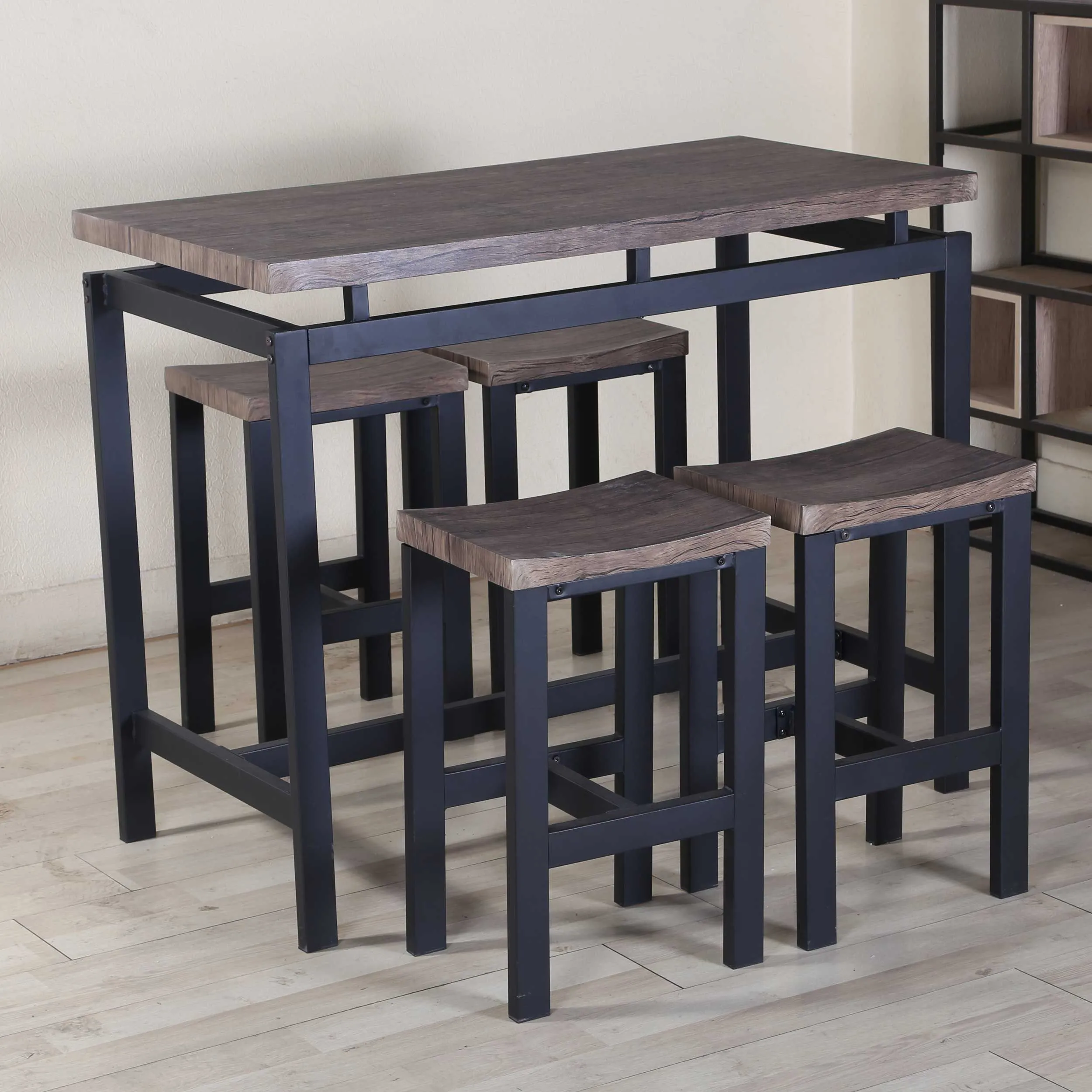 Ensemble de bar Mesin 120x60 avec 4 tabourets - brun/noir