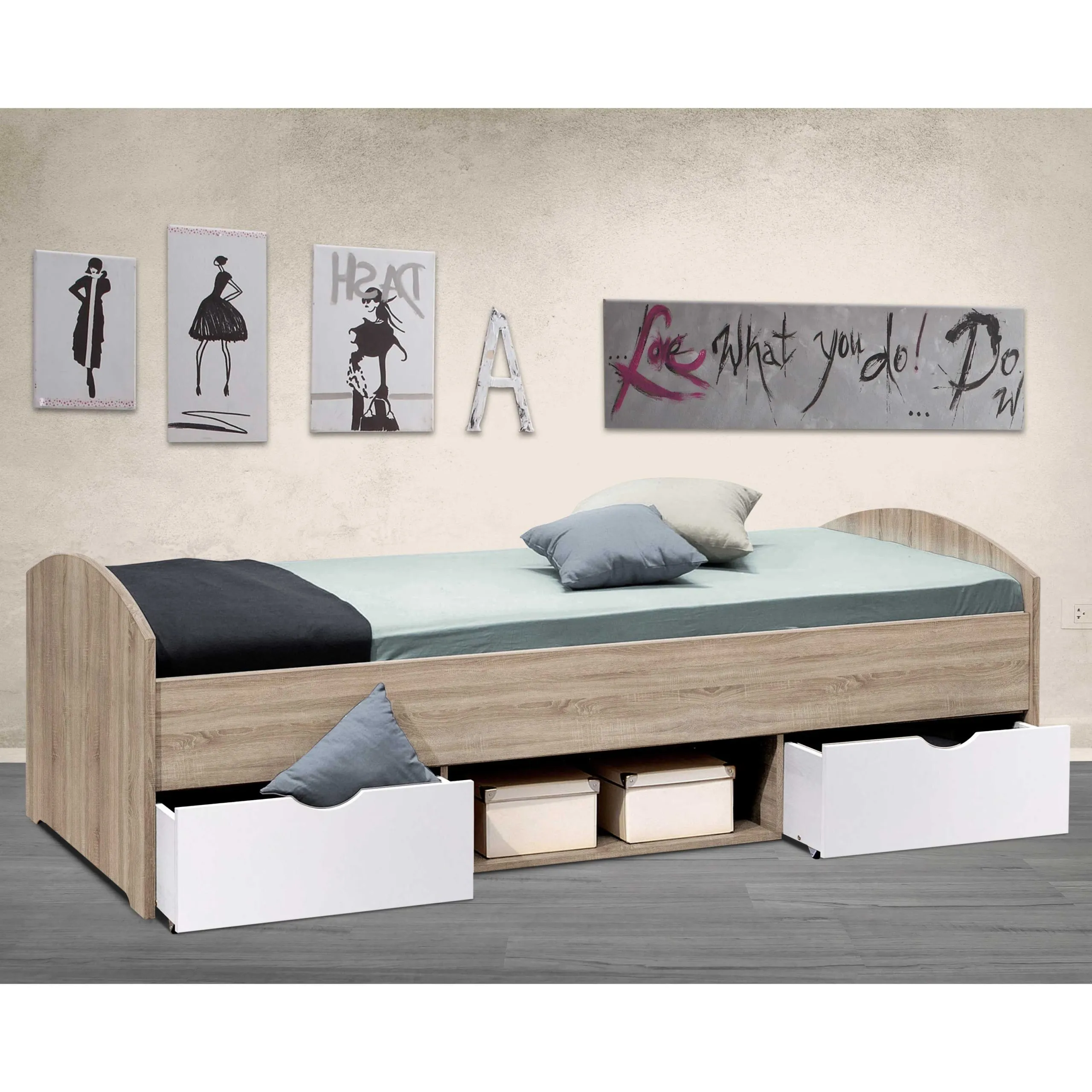 Lit Nero 90x200 avec 2 tiroirs - chêne sonoma/blanc