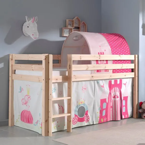 Lit mi-hauteur Charlotte avec tente et tunnel de lit Princess II - bois de pin