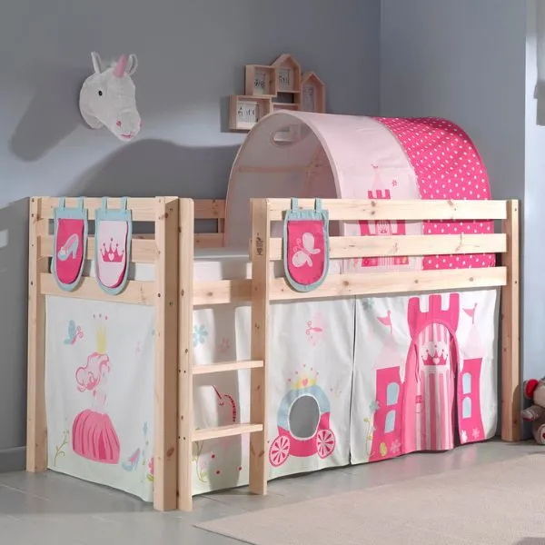 Lit mi-hauteur Charlotte avec tente et tunnel de lit et sacs de rangement Princess II - bois de pin